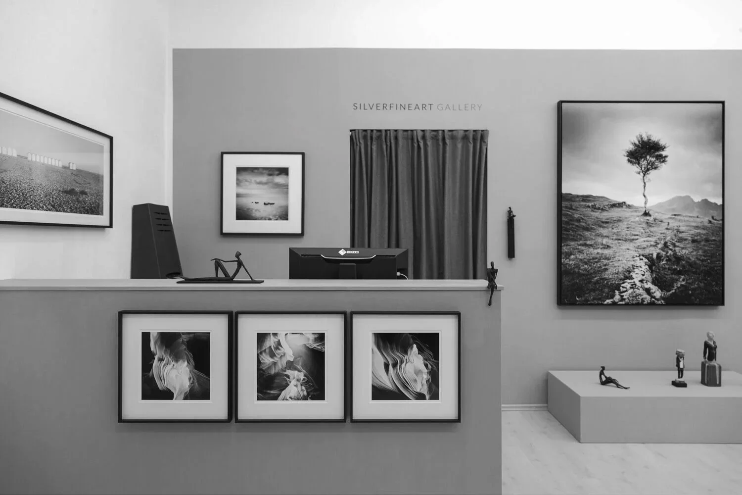SILVERFINEART Gallery reception in Vienna with framed photographs by Gerald Berghammer and a large solitary-tree print.