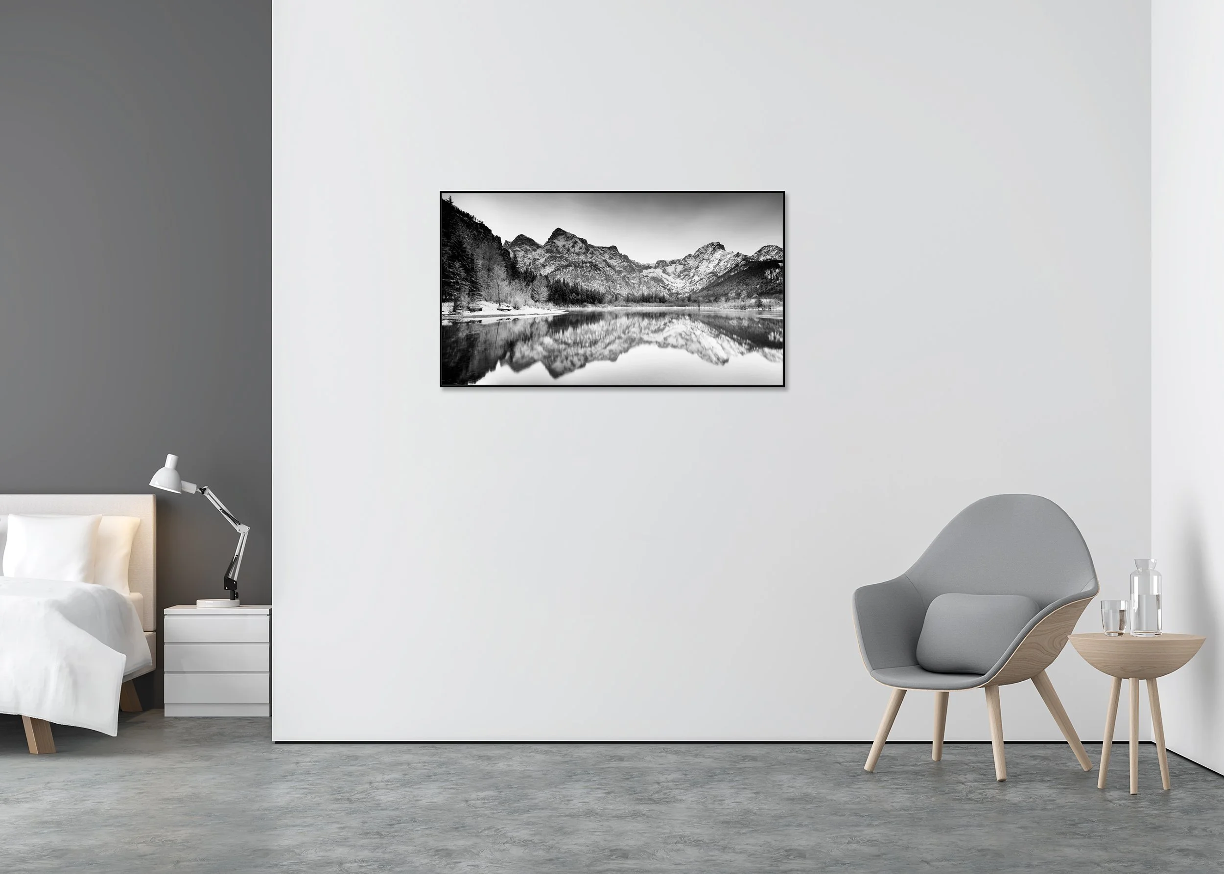 Black-and-white panoramic winter waterscape at Almsee, Austria, mountain reflections; photo print on Dibond in an aluminium ArtBox frame.