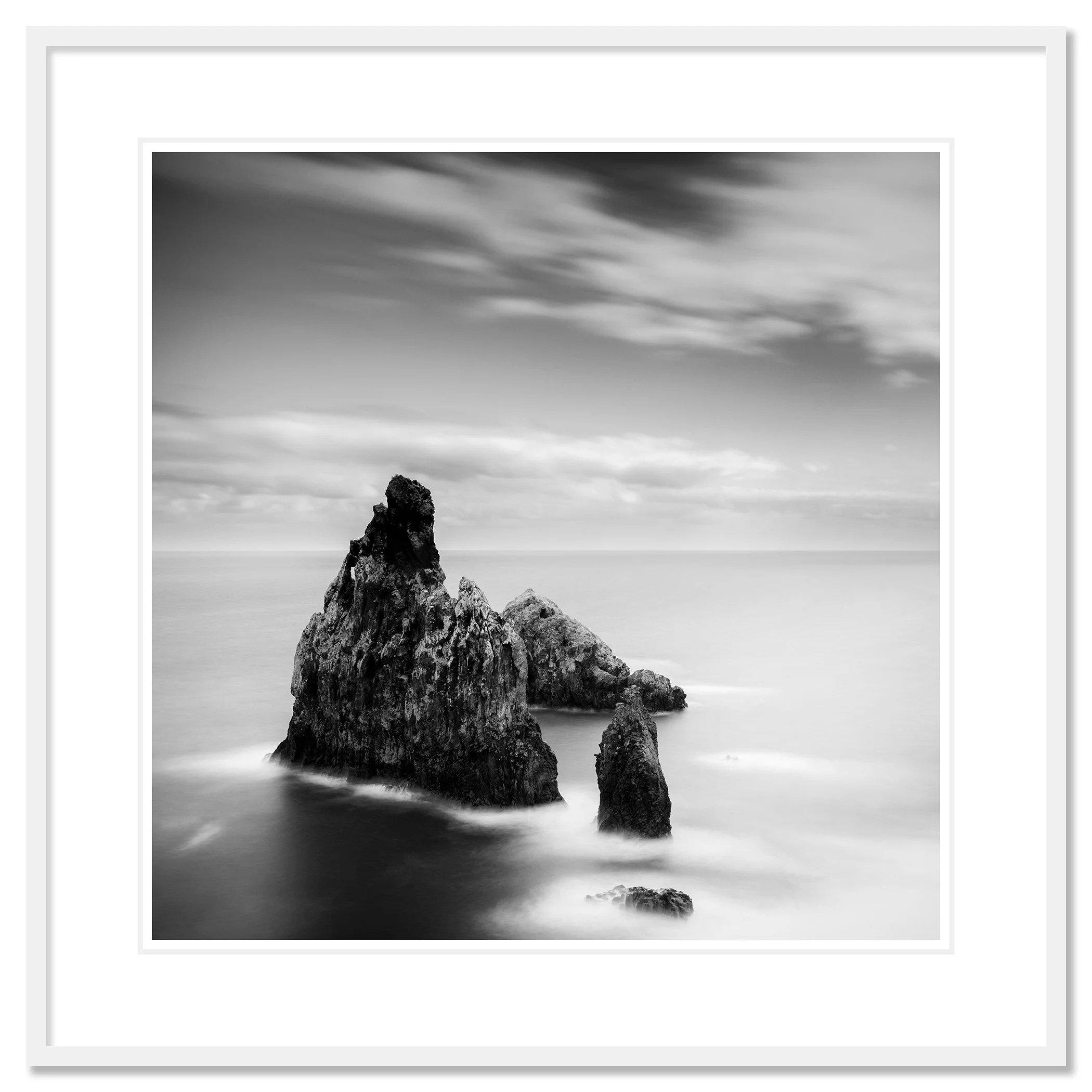 Ribeira da Janela Rocks Study 1 by Gerald Berghammer, black-and-white fine art print in a white aluminium frame with white mount.
