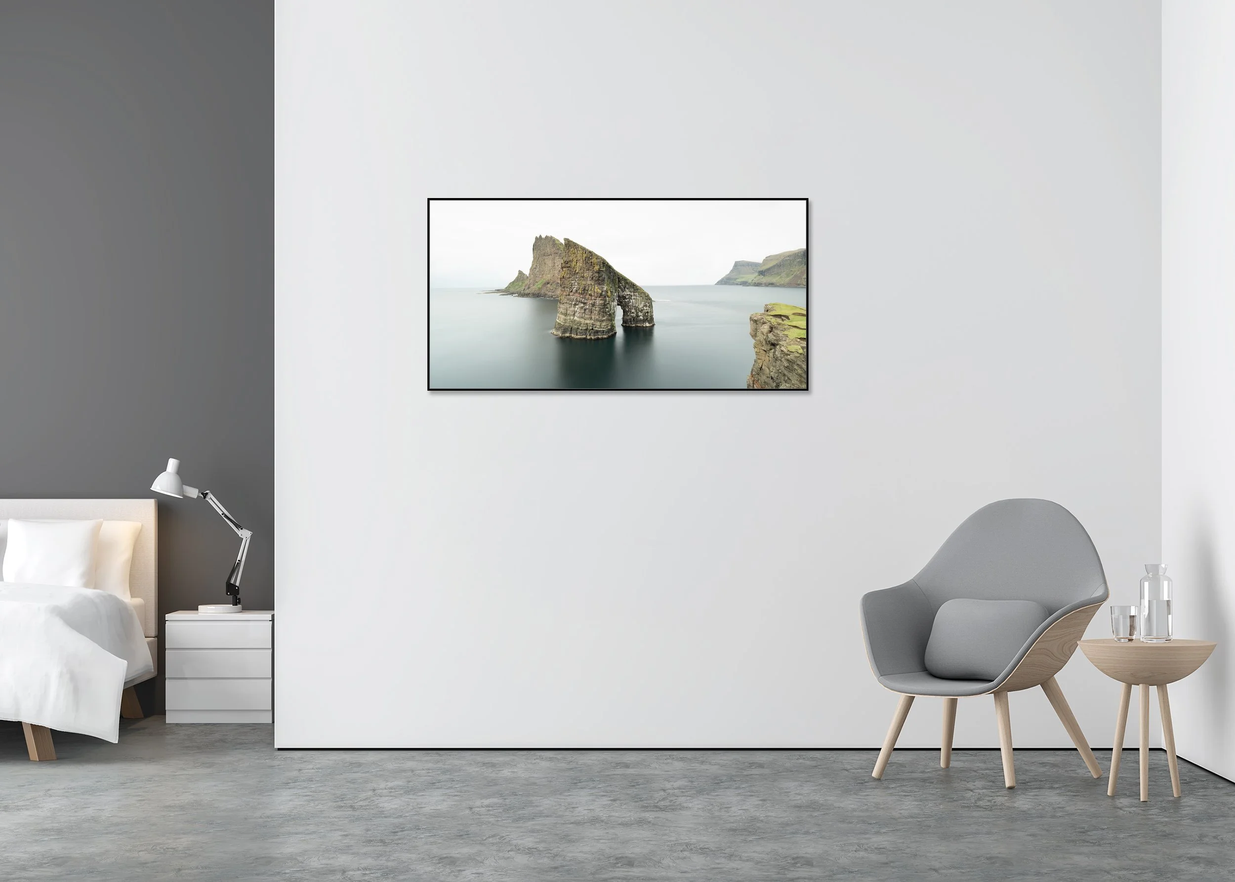 Drangarnir, Panorama Study 1 – colour photograph on Dibond in an aluminium ArtBox displayed in a minimalist interior.