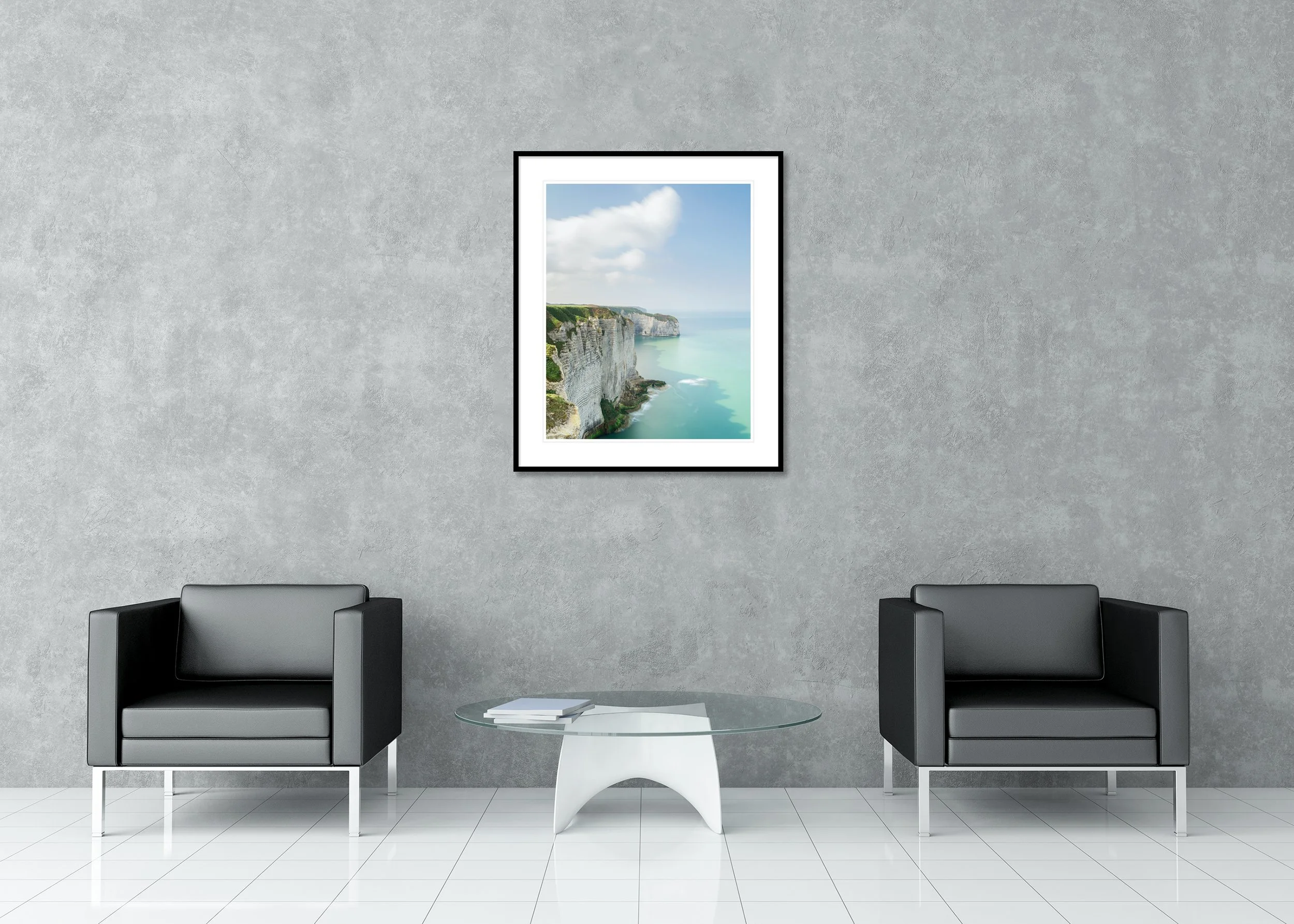 White Cliffs of Étretat Study 2 displayed in a modern lounge as an archival pigment print in a black aluminium frame with a white mount. Photo by Gerald Berghammer.