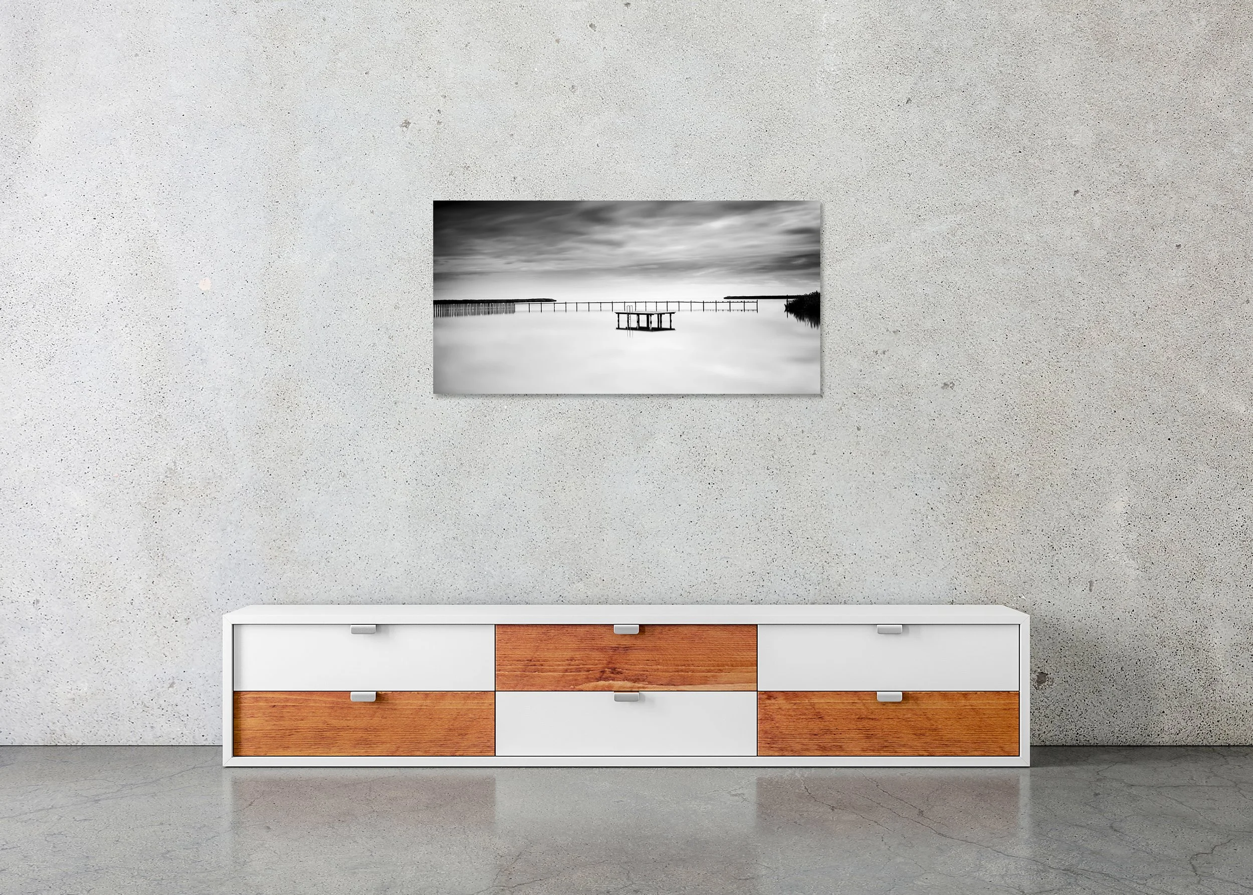 Swimming Area, Panorama Study 2 – frameless black-and-white photograph on aluminium Dibond displayed above a low cabinet.