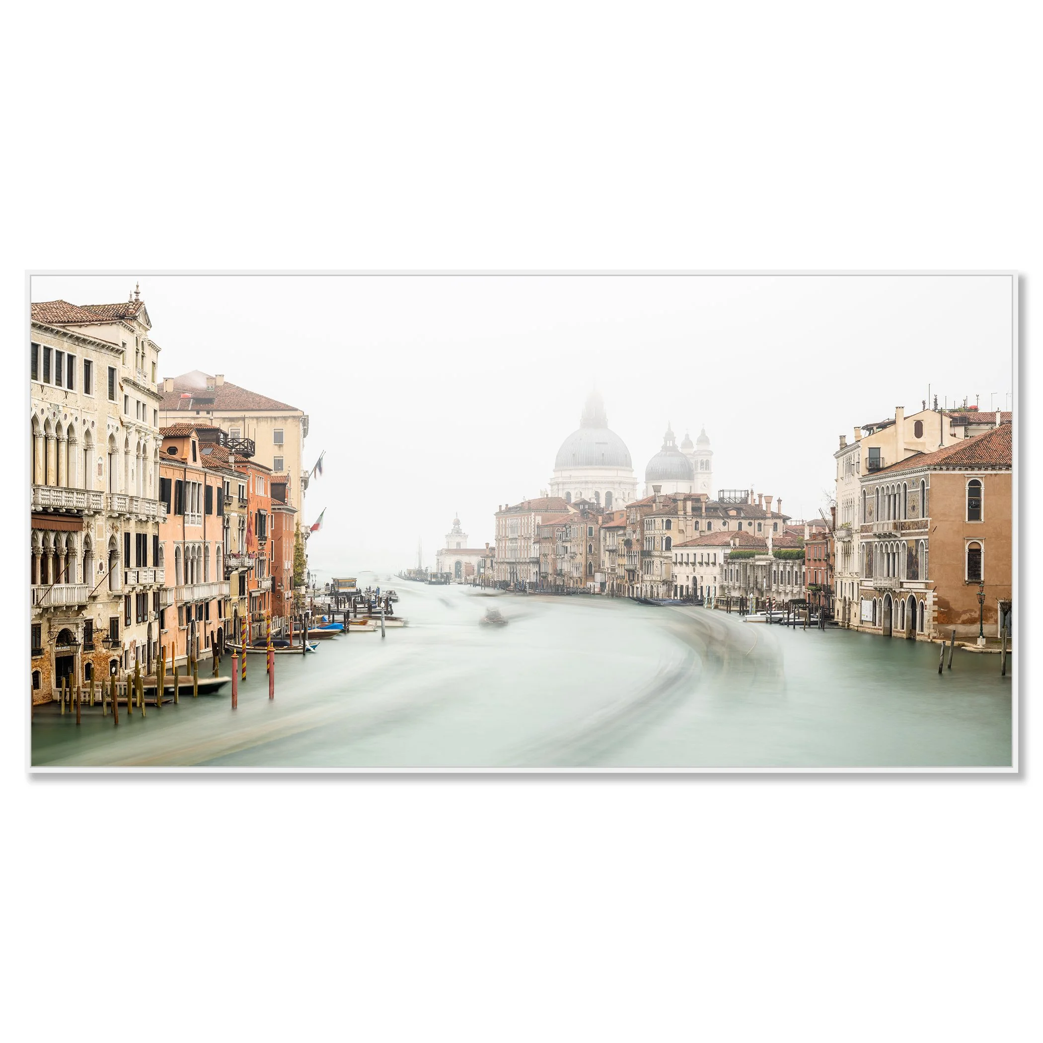 © 2025 Gerald Berghammer - Color cityscape photo. Foggy grand canal with historic buildings on both sides and the domed Basilica di Santa Maria della Salute. Chromaluxe framed white