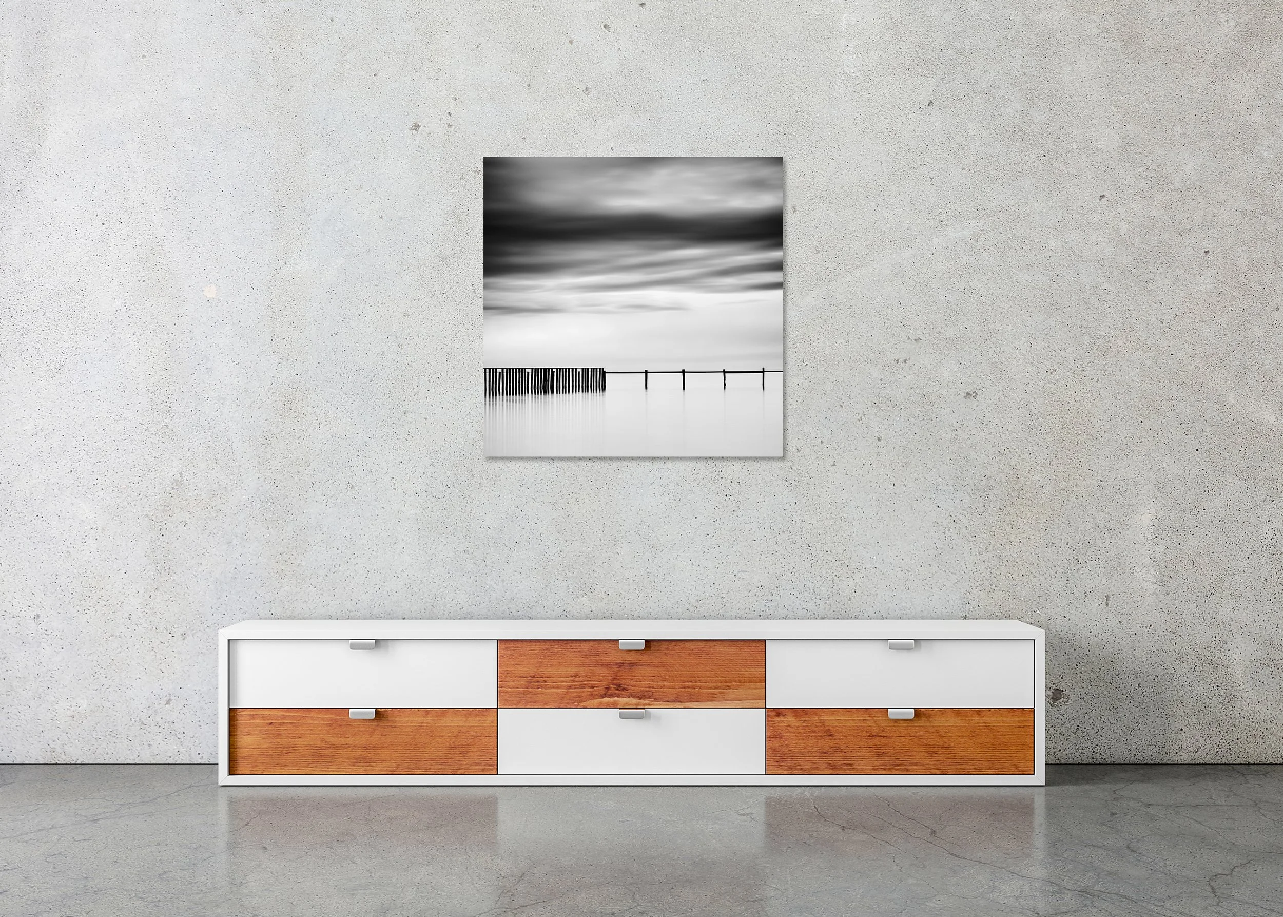 Swimming Area, Study 2 – frameless black-and-white photograph on aluminium Dibond displayed above a low cabinet.