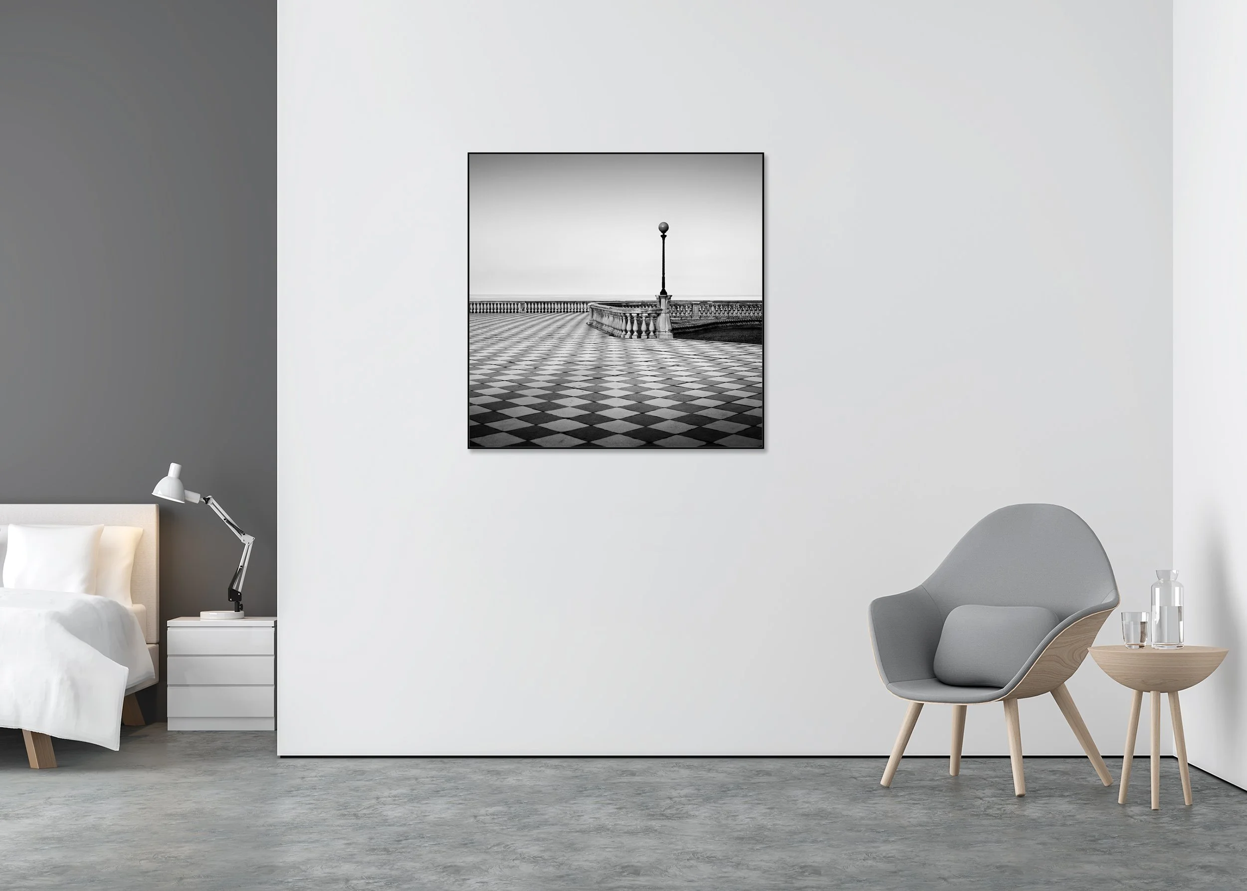 Black-and-white photo of an empty Tuscan seafront promenade with geometric tiles, balustrade and sea beyond as ChromaLuxe metal in an aluminium ArtBox