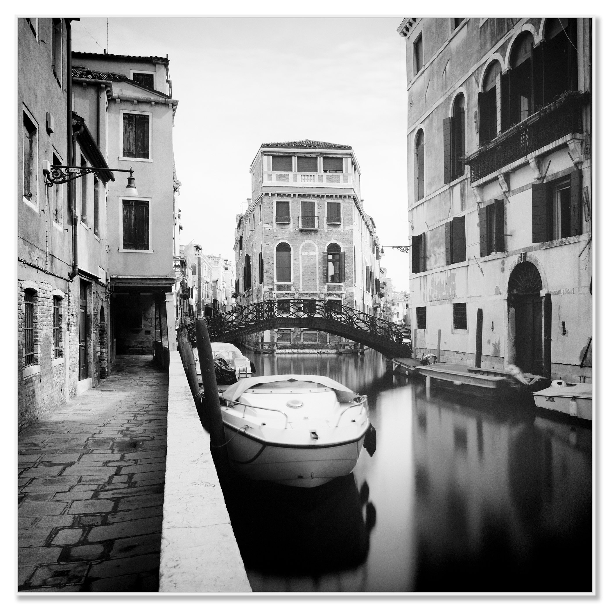 Old Wrought-Iron Bridge – Venice, Italy, black-and-white photograph in a white aluminium ArtBox frame