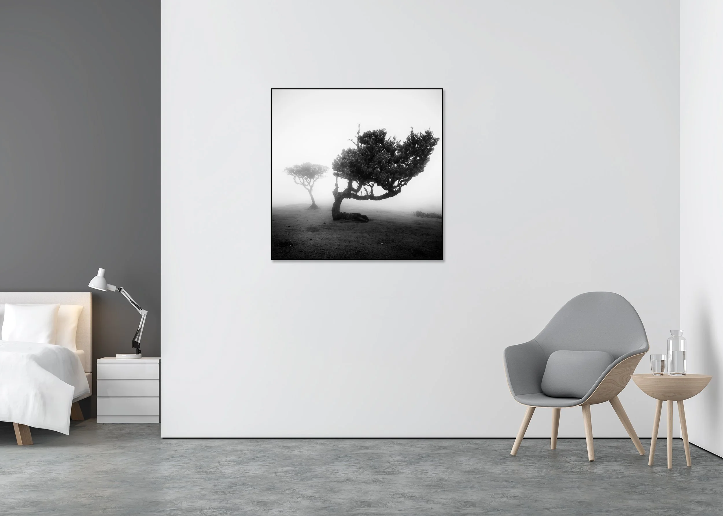 Black and white photo of a wind-bent tree in dense fog on a barren landscape, presented as a fine art print mounted to Dibond with aluminium ArtBox.