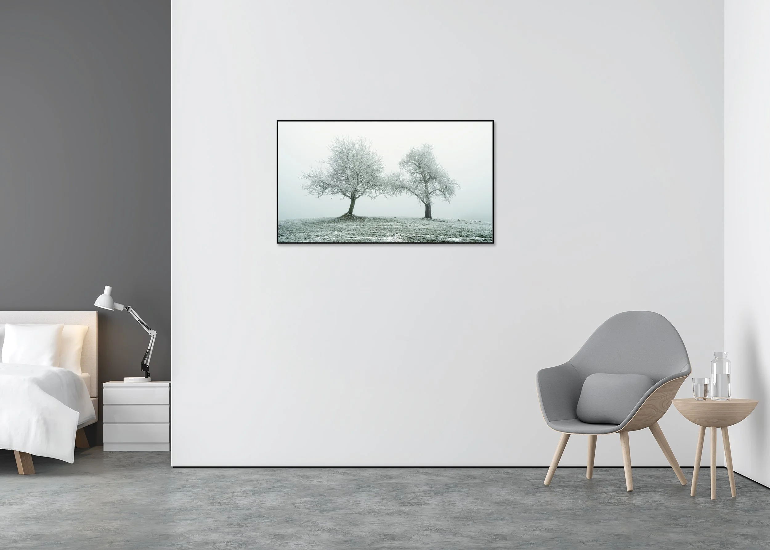 Frozen winter trees in a snow-dusted field beneath a pale sky, photo print mounted on Dibond in an aluminium ArtBox.