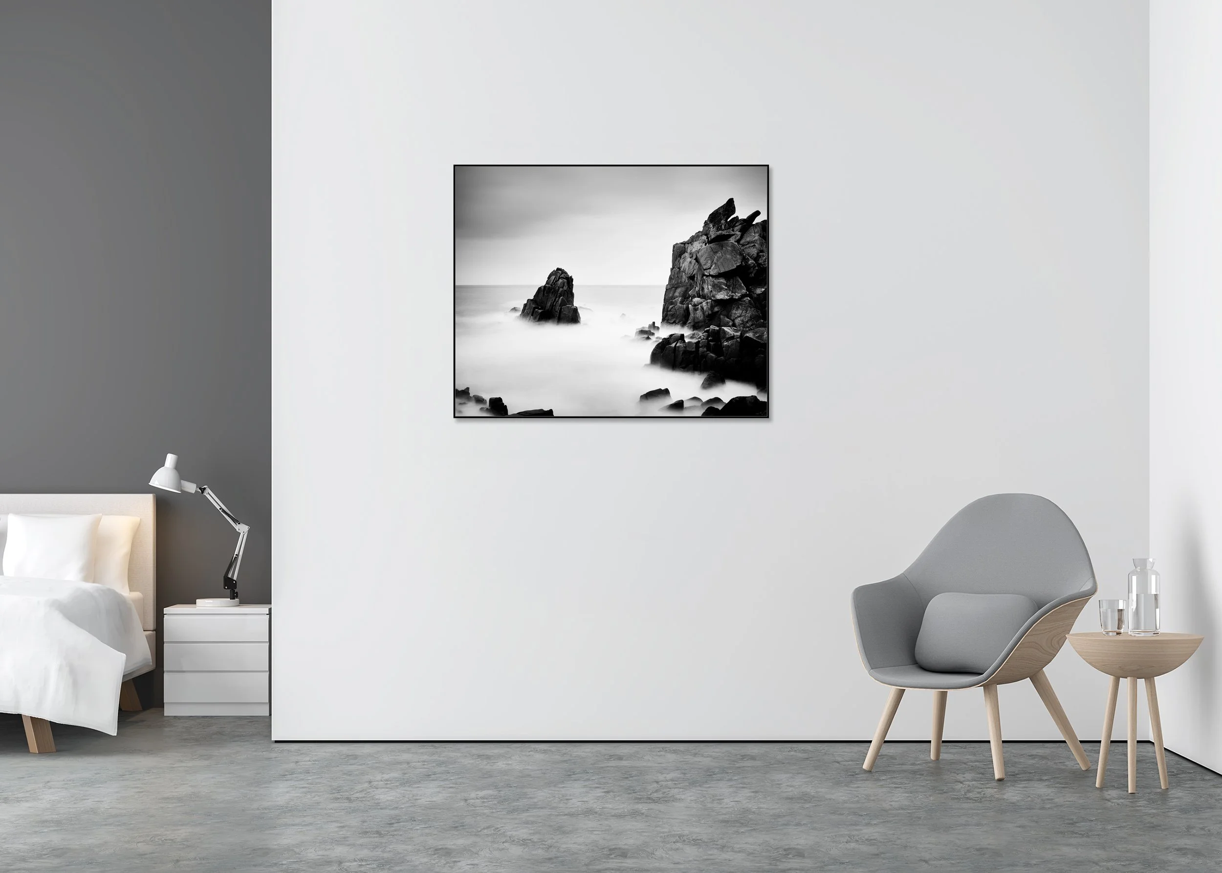 Gerald Berghammer - Rocky Stone Coast, Atlantic Ocean, Cliff, France, CromaLuxe print, aluminium art boxBlack-and-white long-exposure seascape photo print mounted to Dibond in an aluminium ArtBox, showing rugged coastal rocks rising from a misty sea