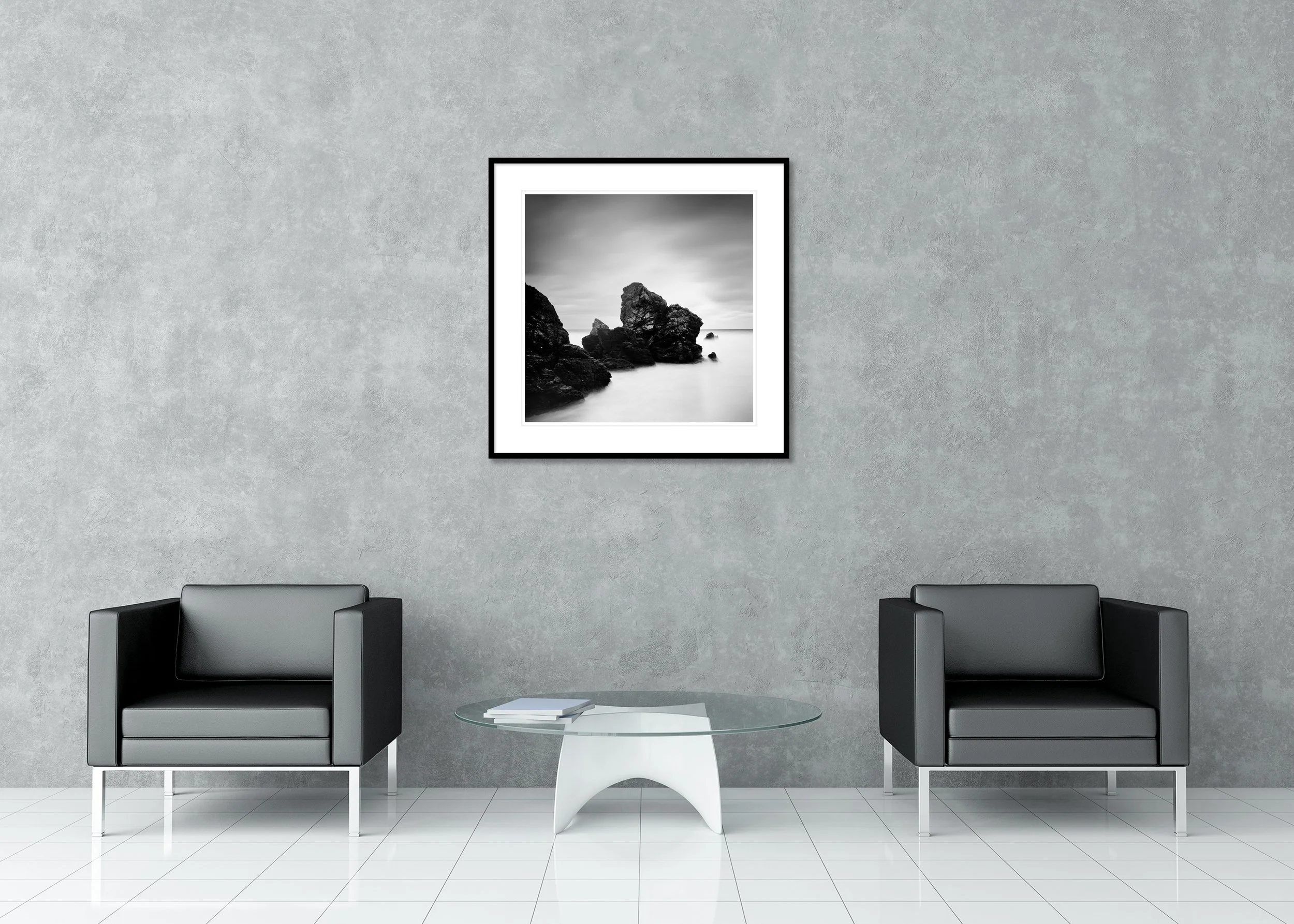 Award-Winning Beach Study 4 – archival pigment print in a black aluminium frame with a white mount, displayed in a modern lounge. Photo by Gerald Berghammer.