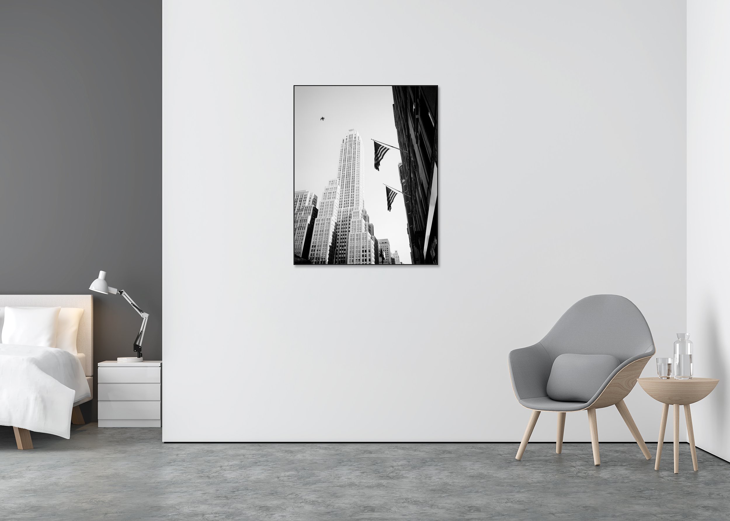 Bird in the City displayed as a black-and-white fine art print mounted to Dibond in an aluminium ArtBox.