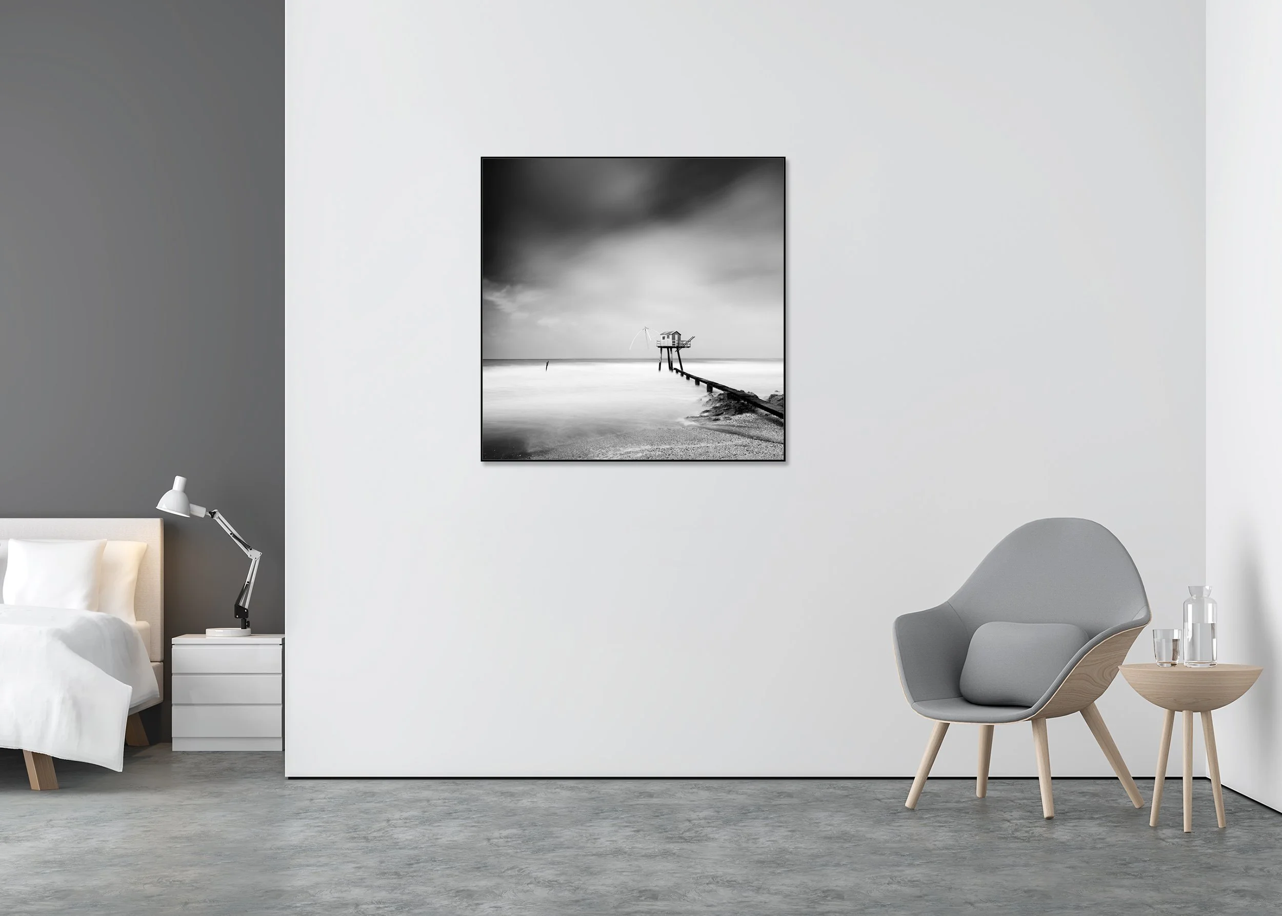 Fishing Hut on Stilts Study 8 displayed in a modern interior as a black-and-white Dibond print in a black aluminium ArtBox frame. Photo by Gerald Berghammer.