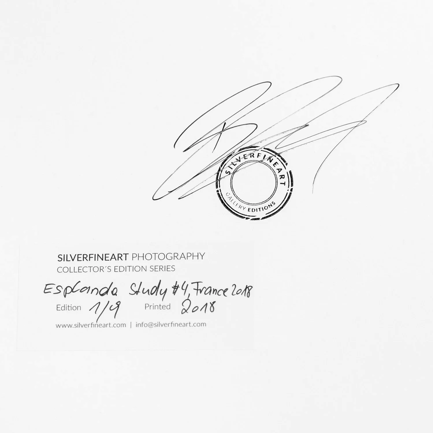 Signed and stamped SILVERFINEART edition label for Esplanade Study 4 by Gerald Berghammer, numbered 1/9 and dated 2018.