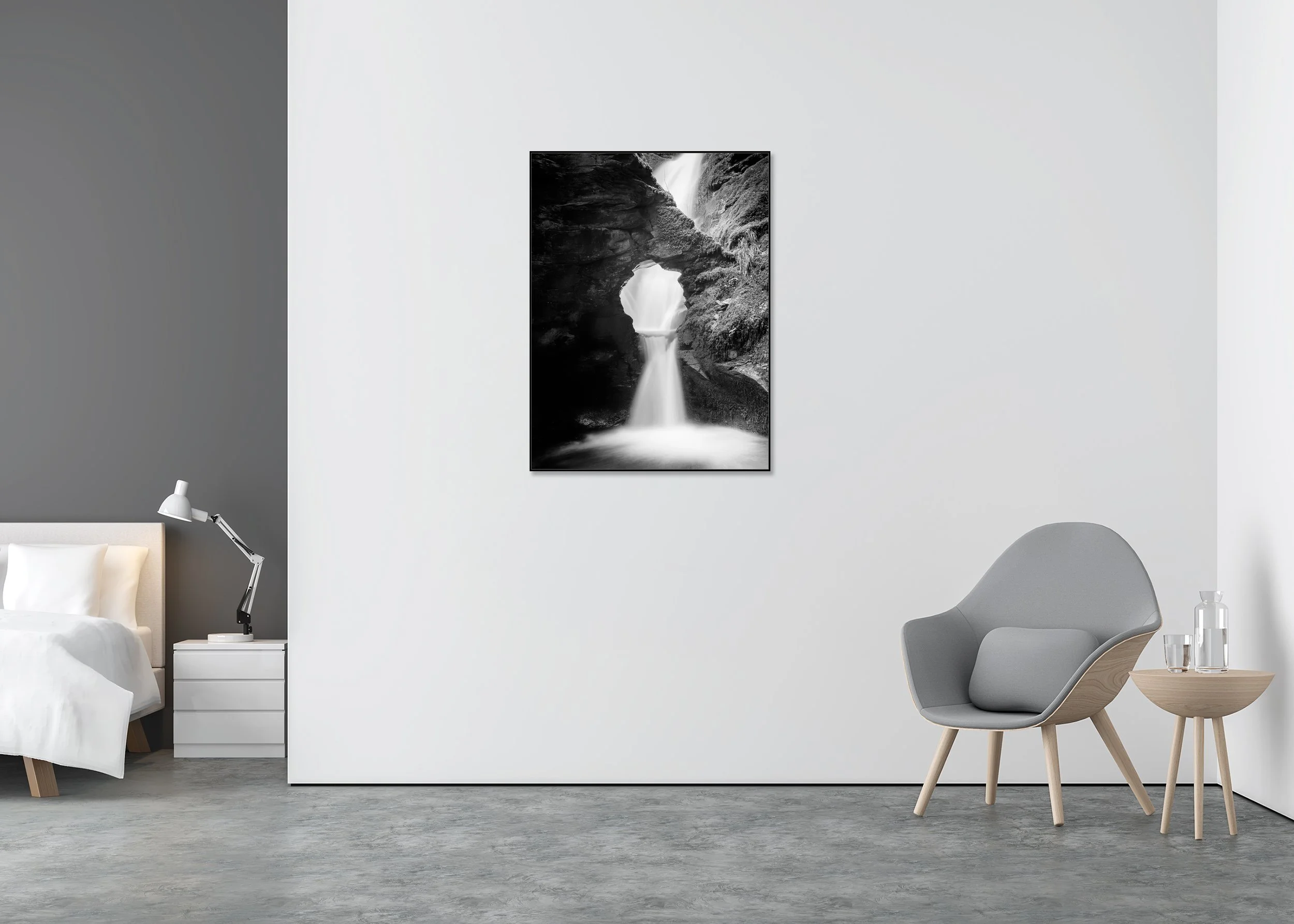 Long exposure black and white waterfall wall art with natural rock arch and soft flowing water, photo print mounted on Dibond in an aluminium ArtBox