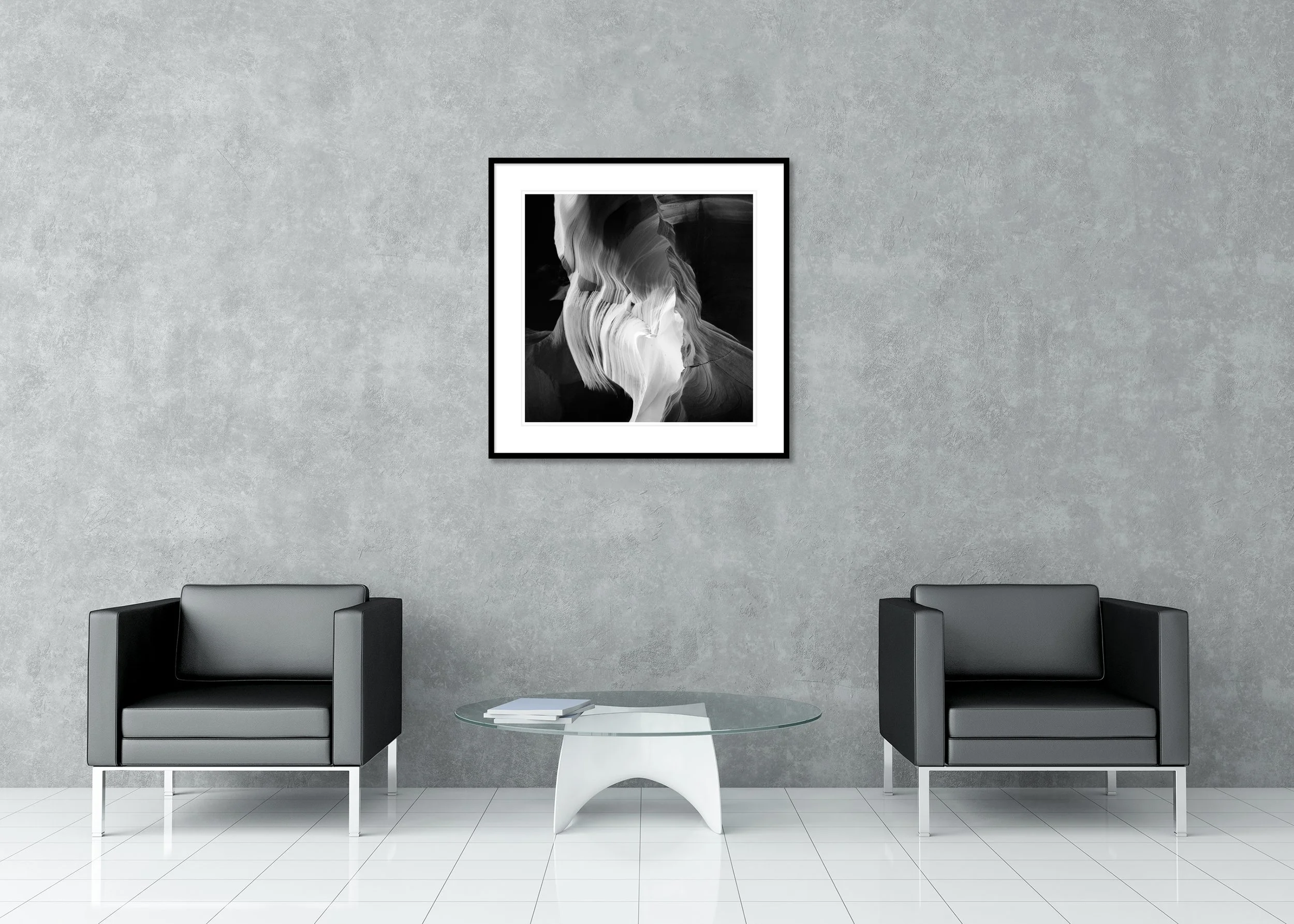 Black and white Antelope Canyon photo with smooth flowing sandstone walls, archival pigment print in classic frame with passe-partout.