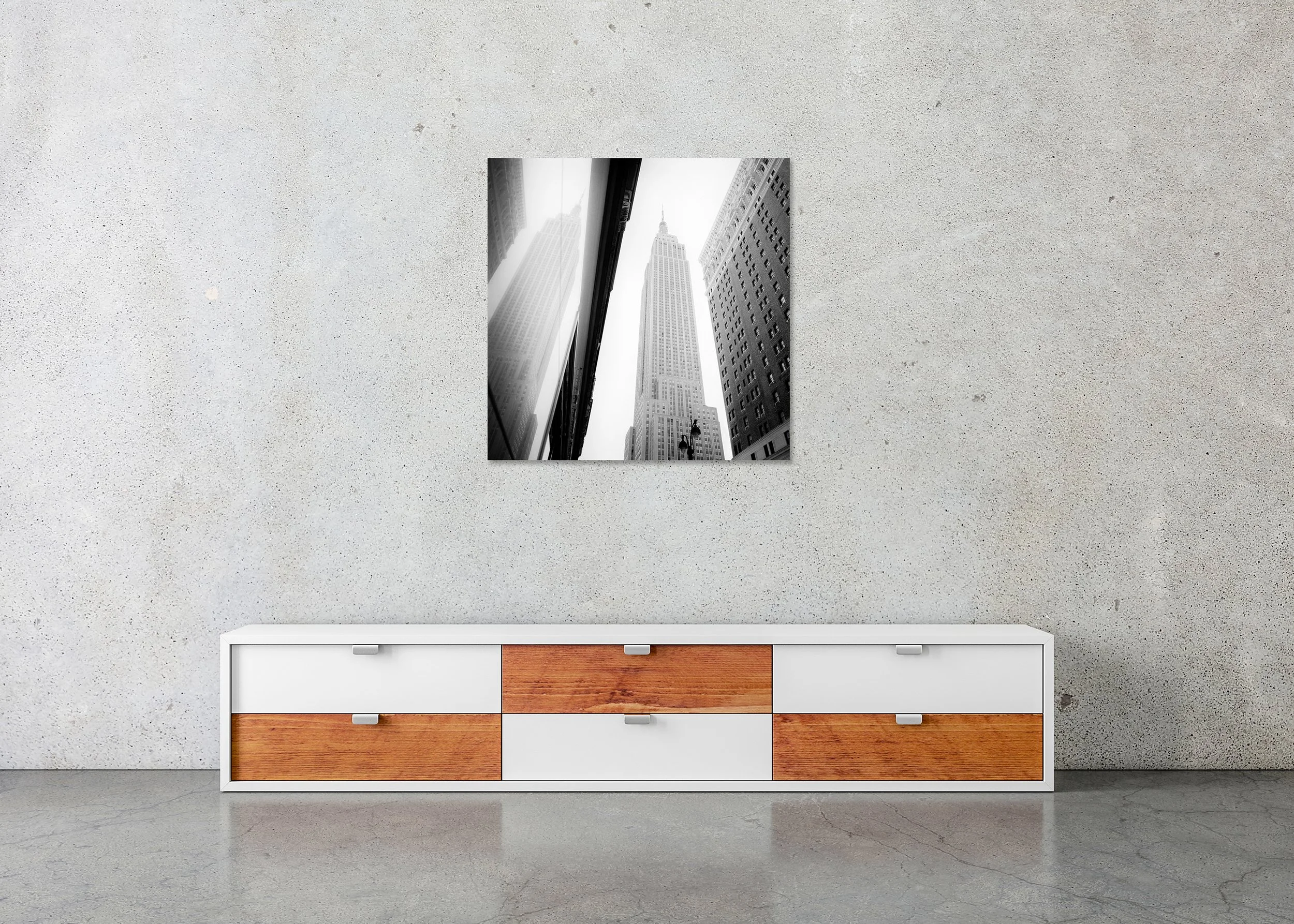 Empire State Building Study 1 by Gerald Berghammer displayed in a contemporary interior as a frameless Dibond artwork.