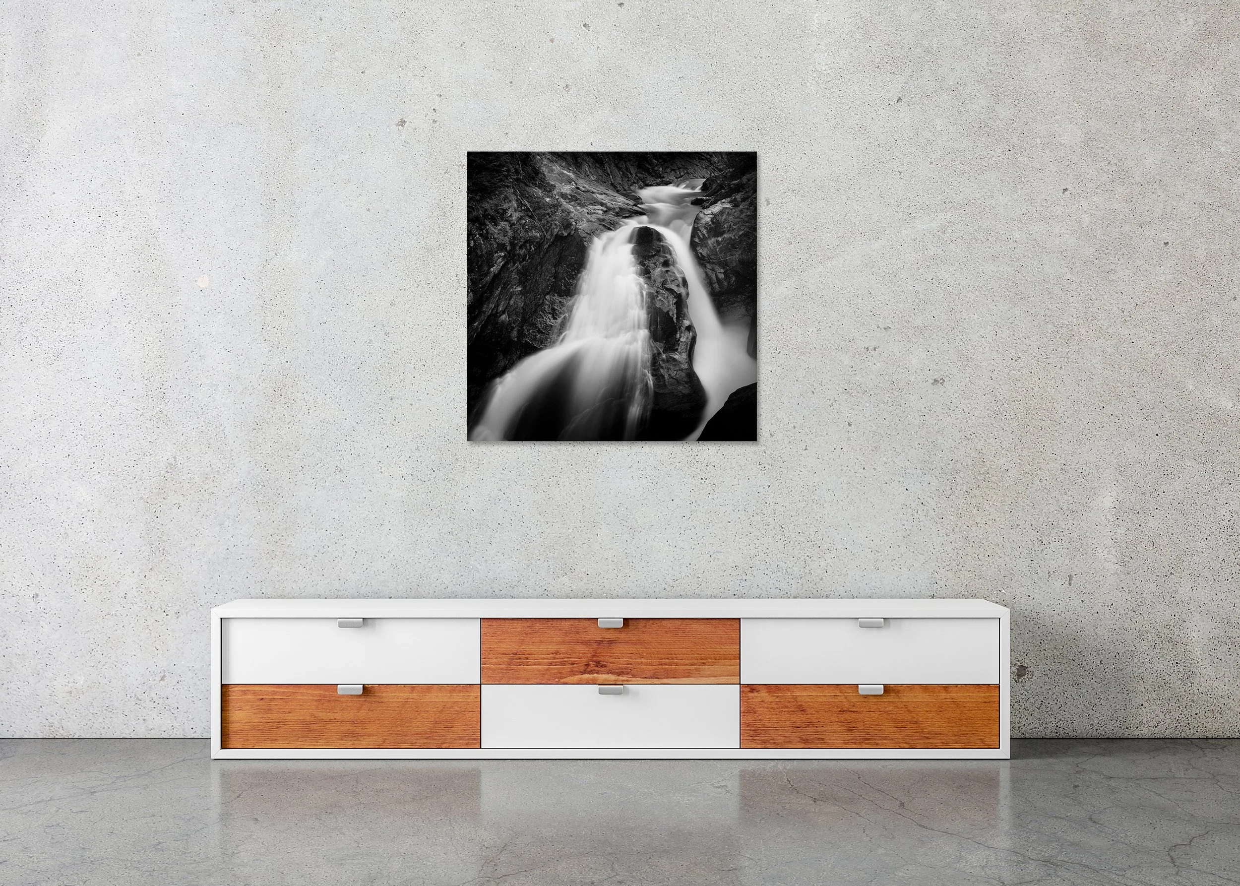 Krimmler Ache Study 1 by Gerald Berghammer in a contemporary interior with frameless Dibond presentation