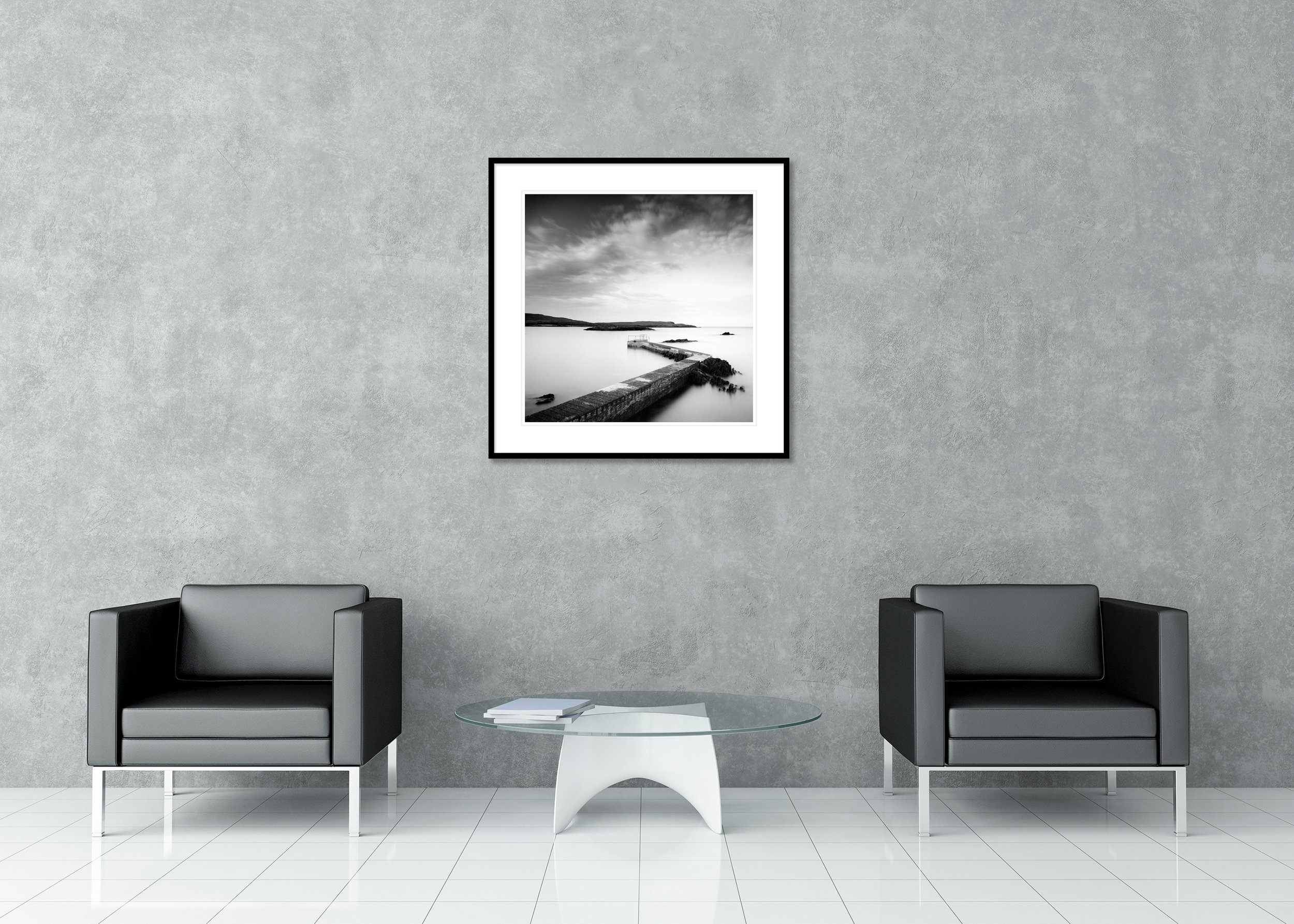 Gerald Berghammer - Pier, minimalist seascape, atlantic ocean shoreline, Ireland, Archival pigment print, aluminium frame, passe-partout, anti reflex glass
