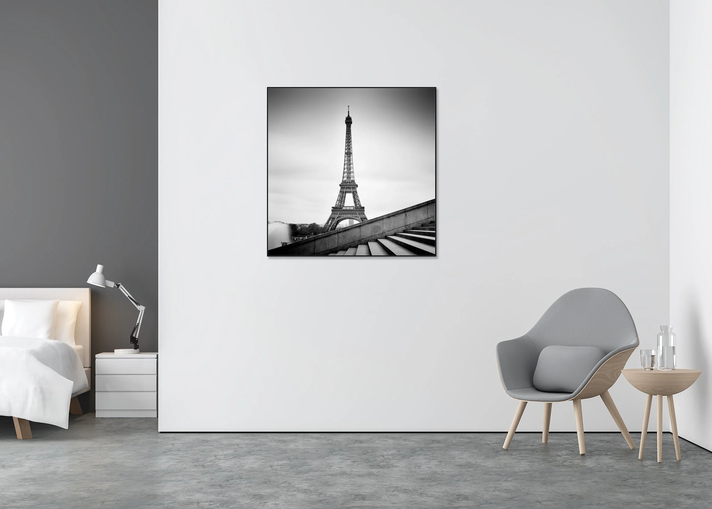 Eiffel Tower Study 13 displayed in a modern interior, mounted on aluminium Dibond in a black ArtBox frame by Gerald Berghammer.