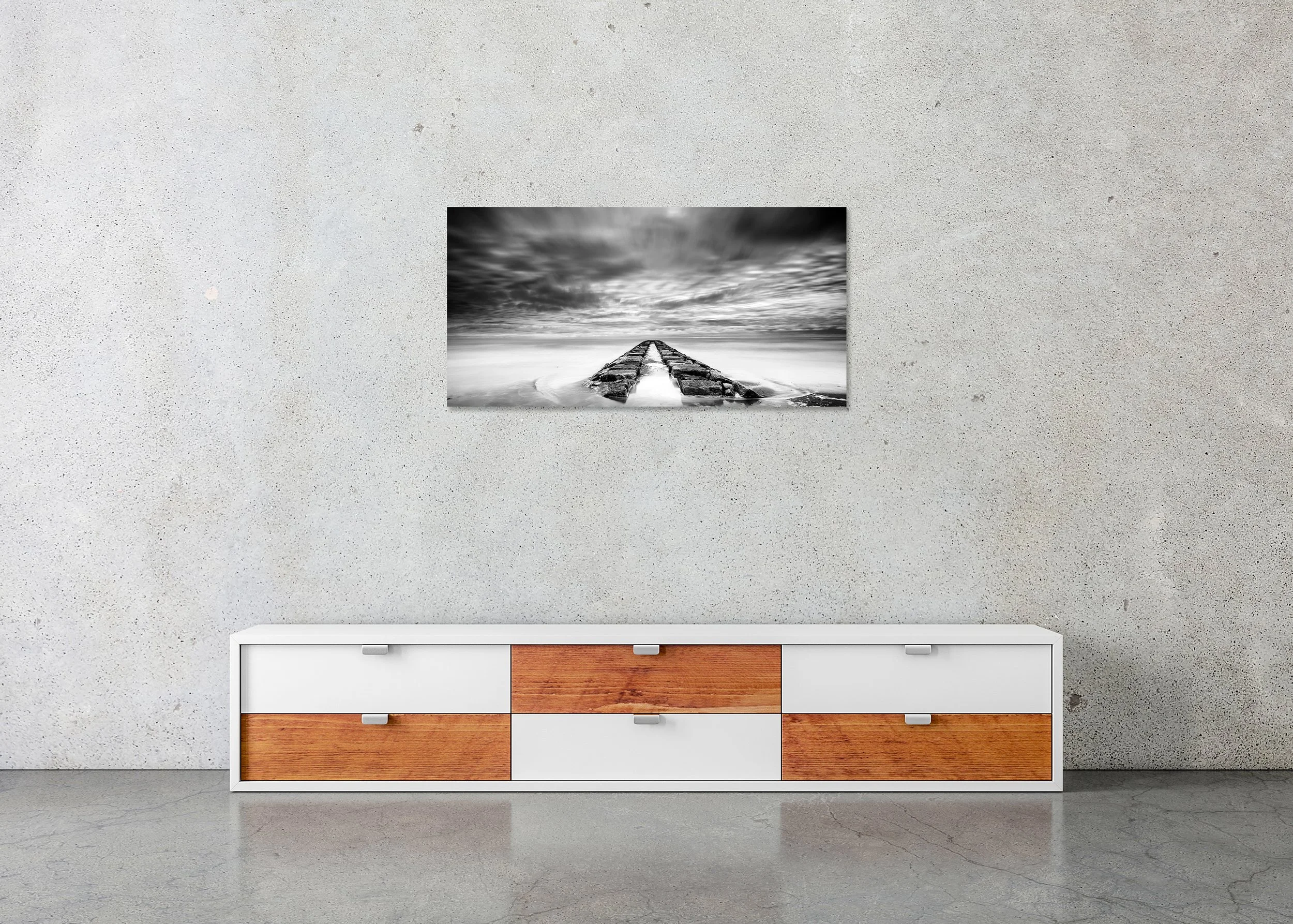 Rock Pier, Panorama Study 1 – Italy, frameless black-and-white photograph mounted on aluminium Dibond.