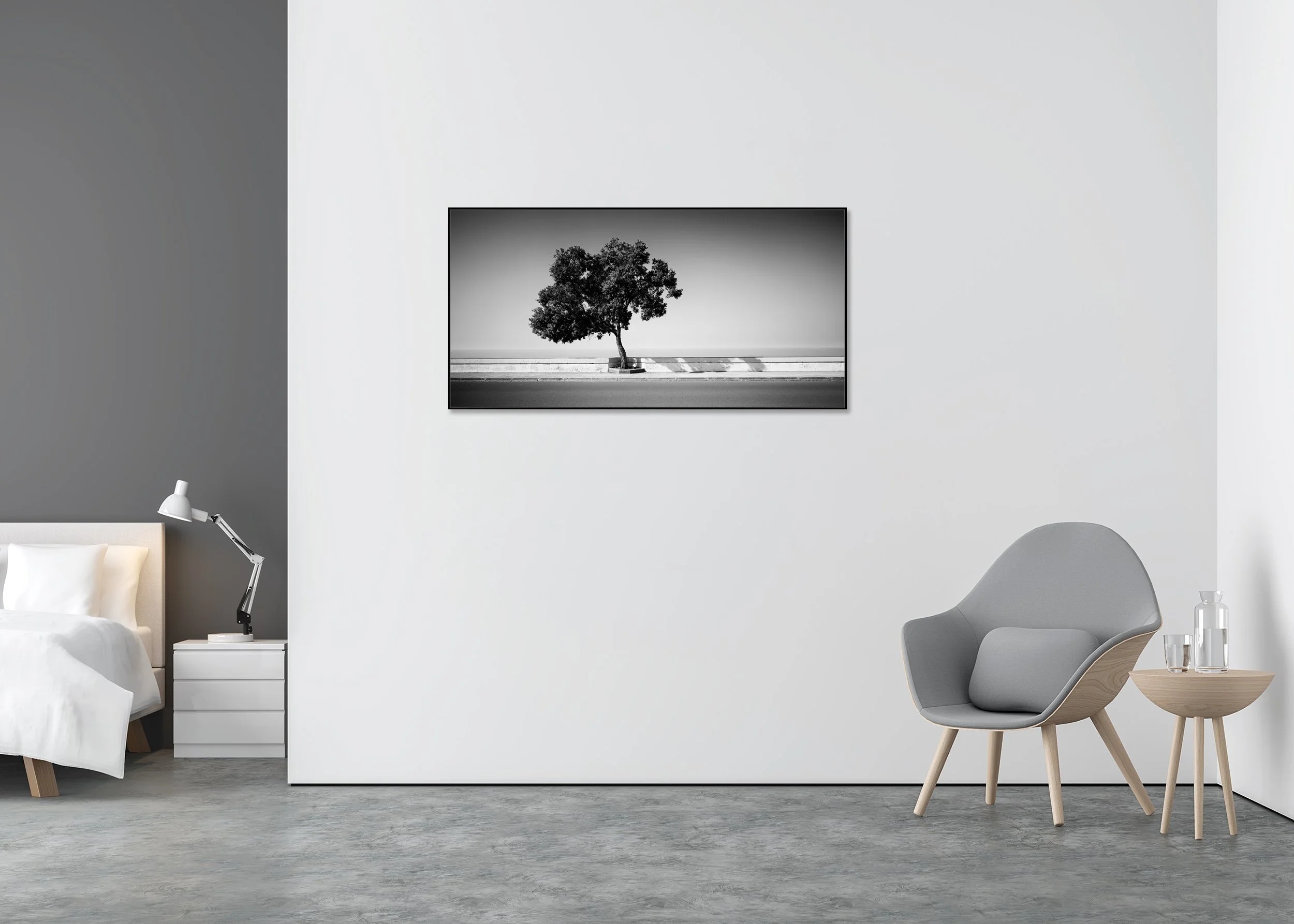 Tree by the Waterfront displayed in a modern interior, mounted on aluminium Dibond in a black ArtBox frame by Gerald Berghammer.