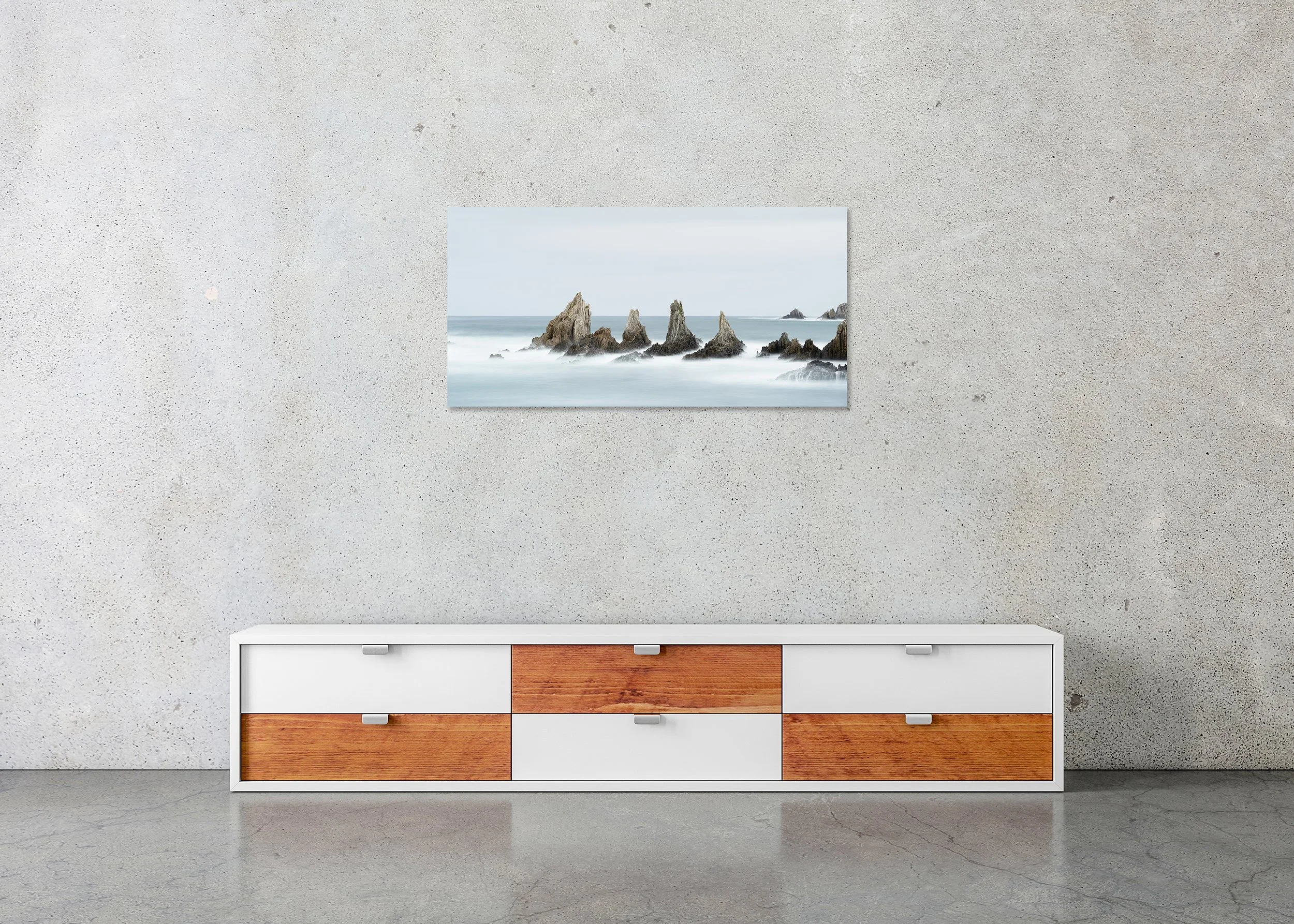 Long-exposure sea stacks in foggy, smooth water, fine art photo print mounted to Dibond with a frameless finish.