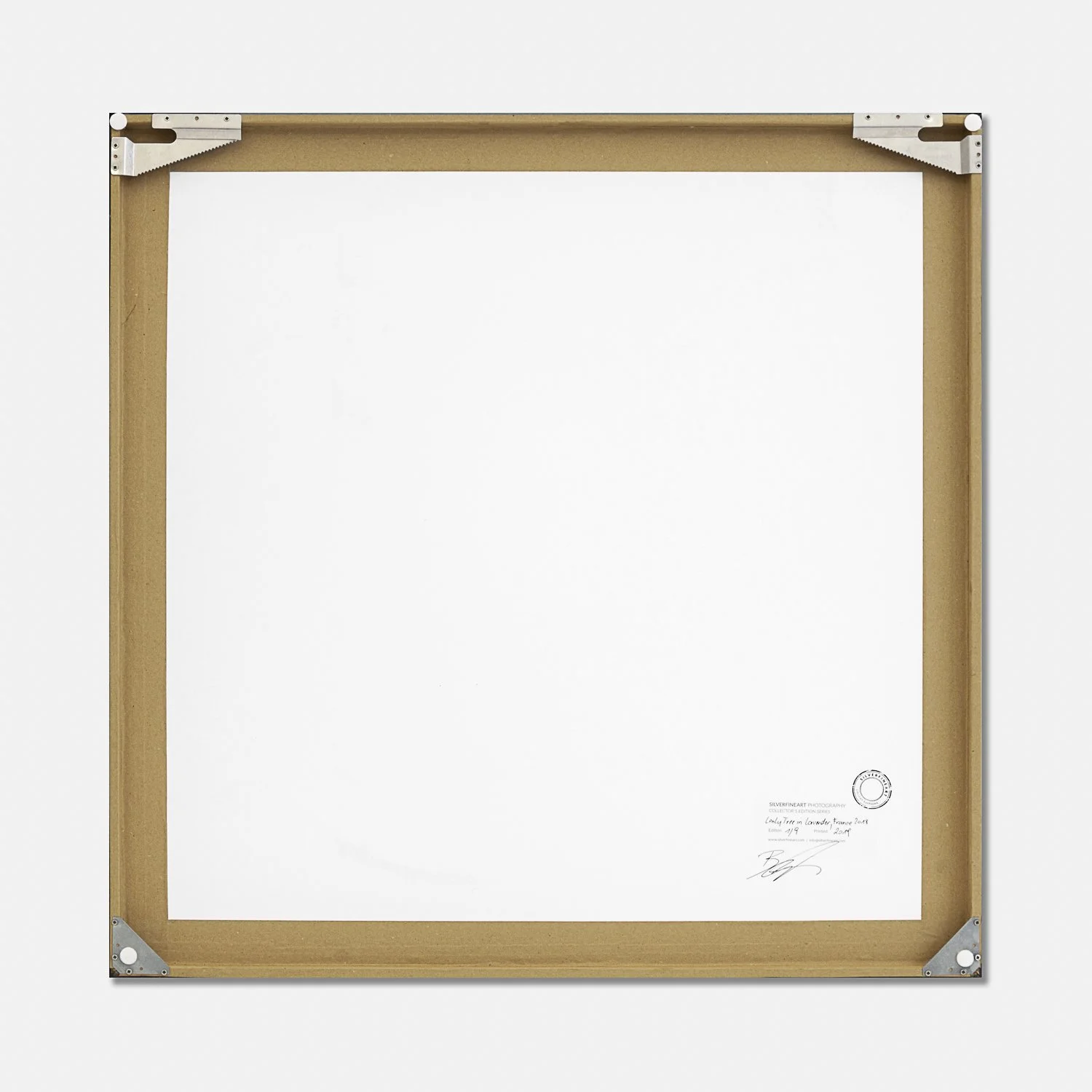 Reverse of Gerald Berghammer's framed Lonely Tree in Lavender photograph, showing the wooden backing, hanging fittings and signed edition label.