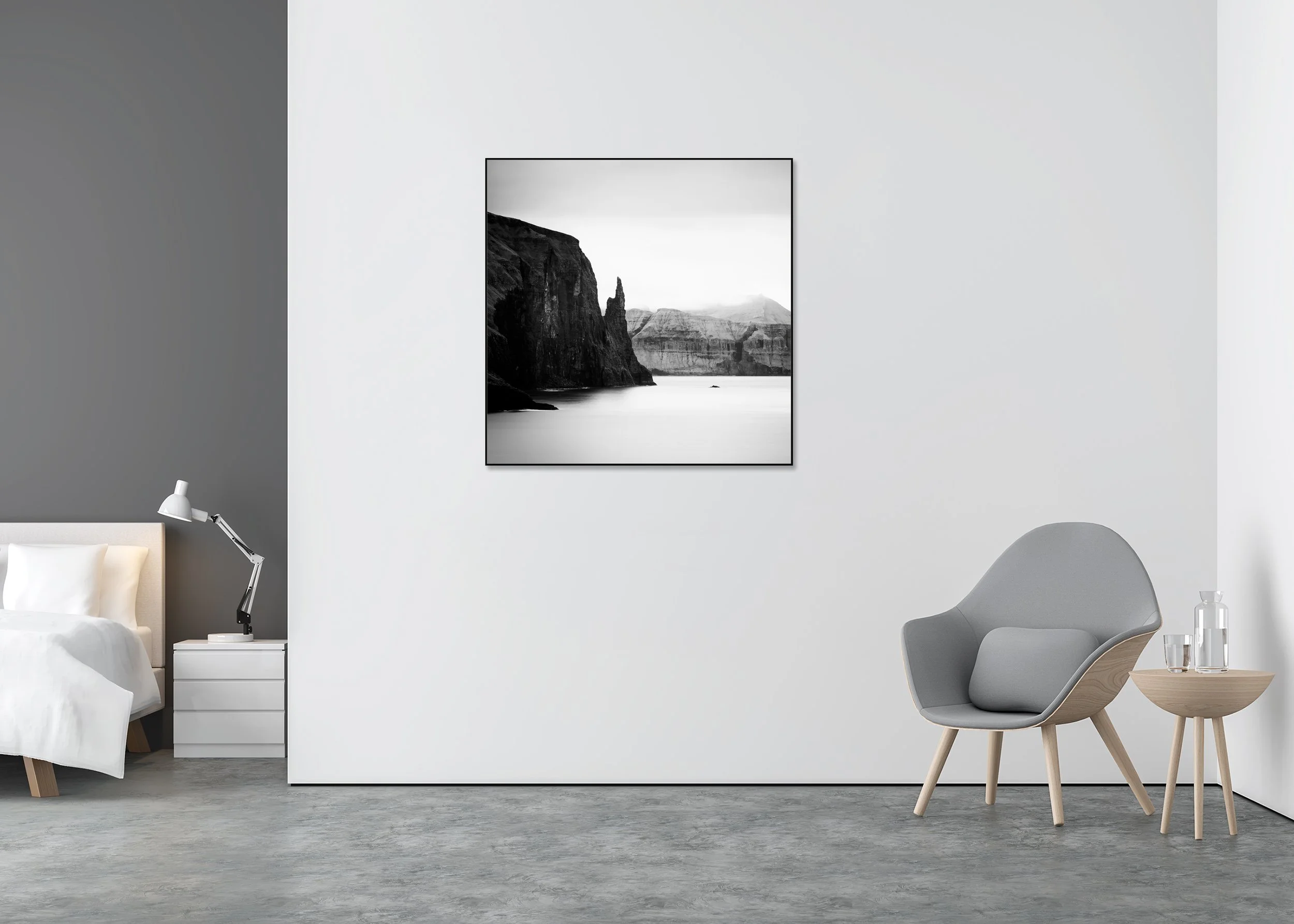 Trøllkonufingur Monolith Study 2 displayed in a modern interior as a black-and-white Dibond print in a black aluminium ArtBox frame by Gerald Berghammer.