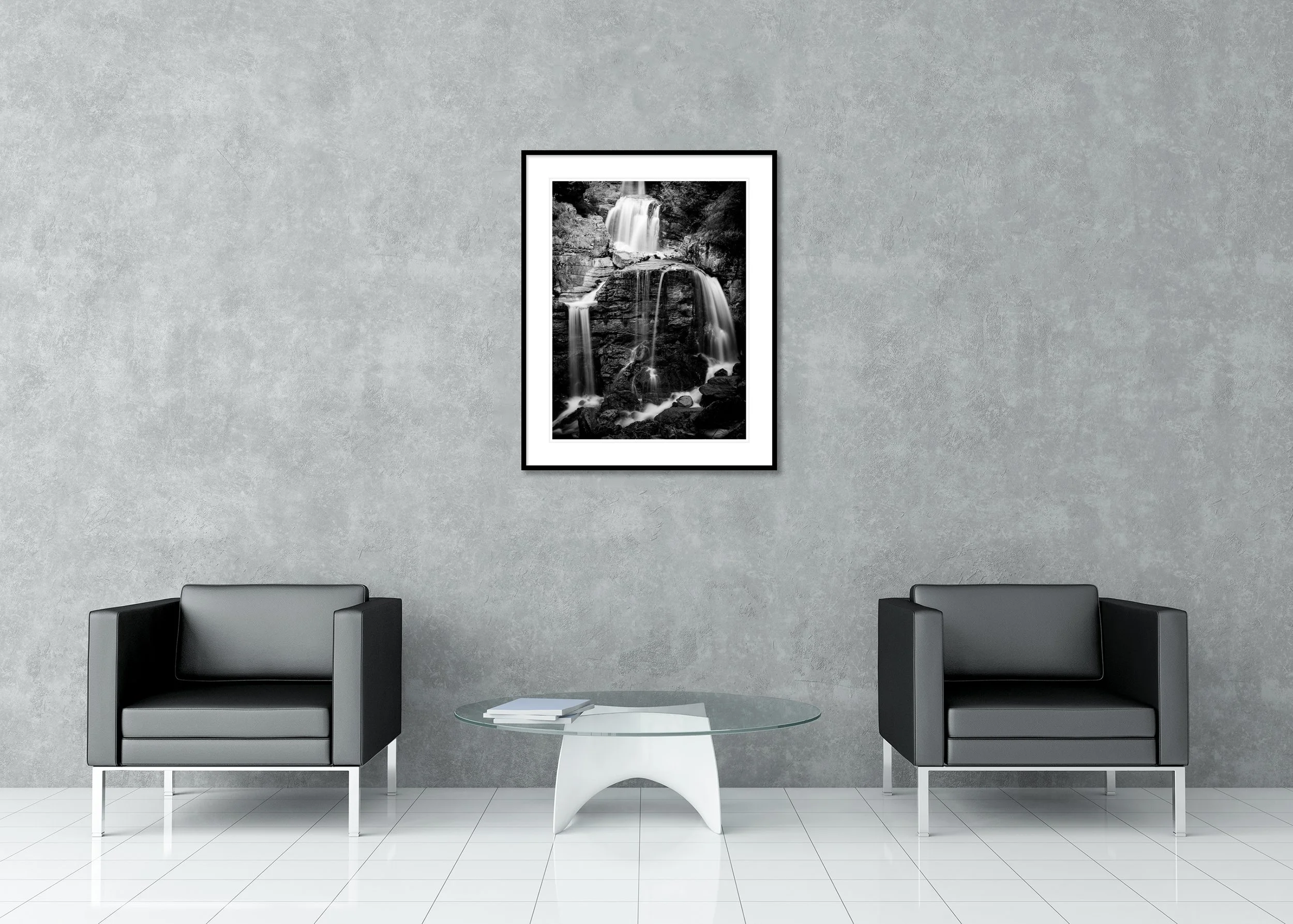 Lower Kuhflucht Waterfall – archival pigment print in a black aluminium frame with a white mount displayed in a modern lounge.