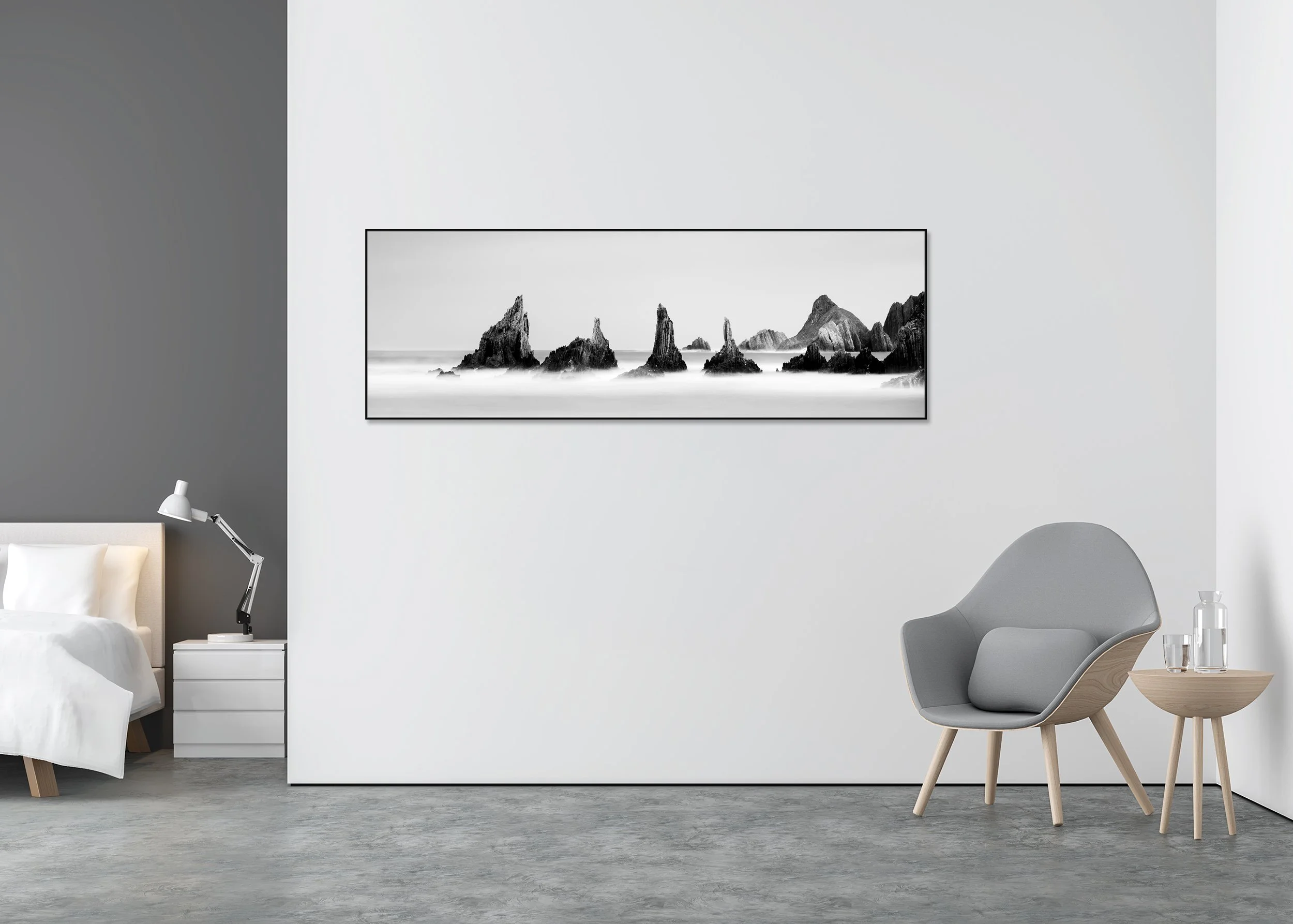 Black and white long-exposure seascape photo print with jagged sea stacks rising from a misty ocean, mounted to Dibond in an aluminium ArtBox.