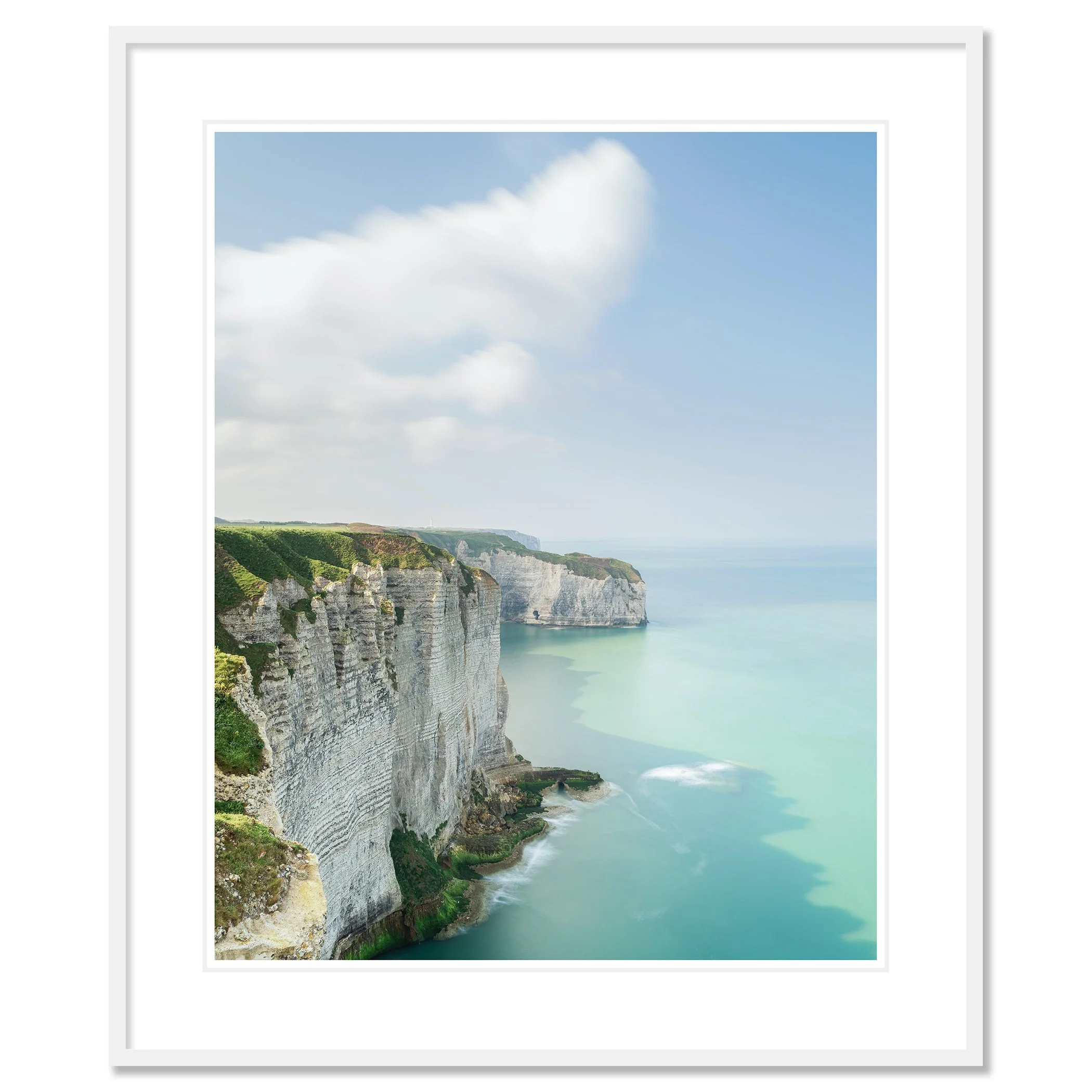 White Cliffs of Étretat Study 2 shown as an archival pigment print in a white aluminium frame with a white mount.