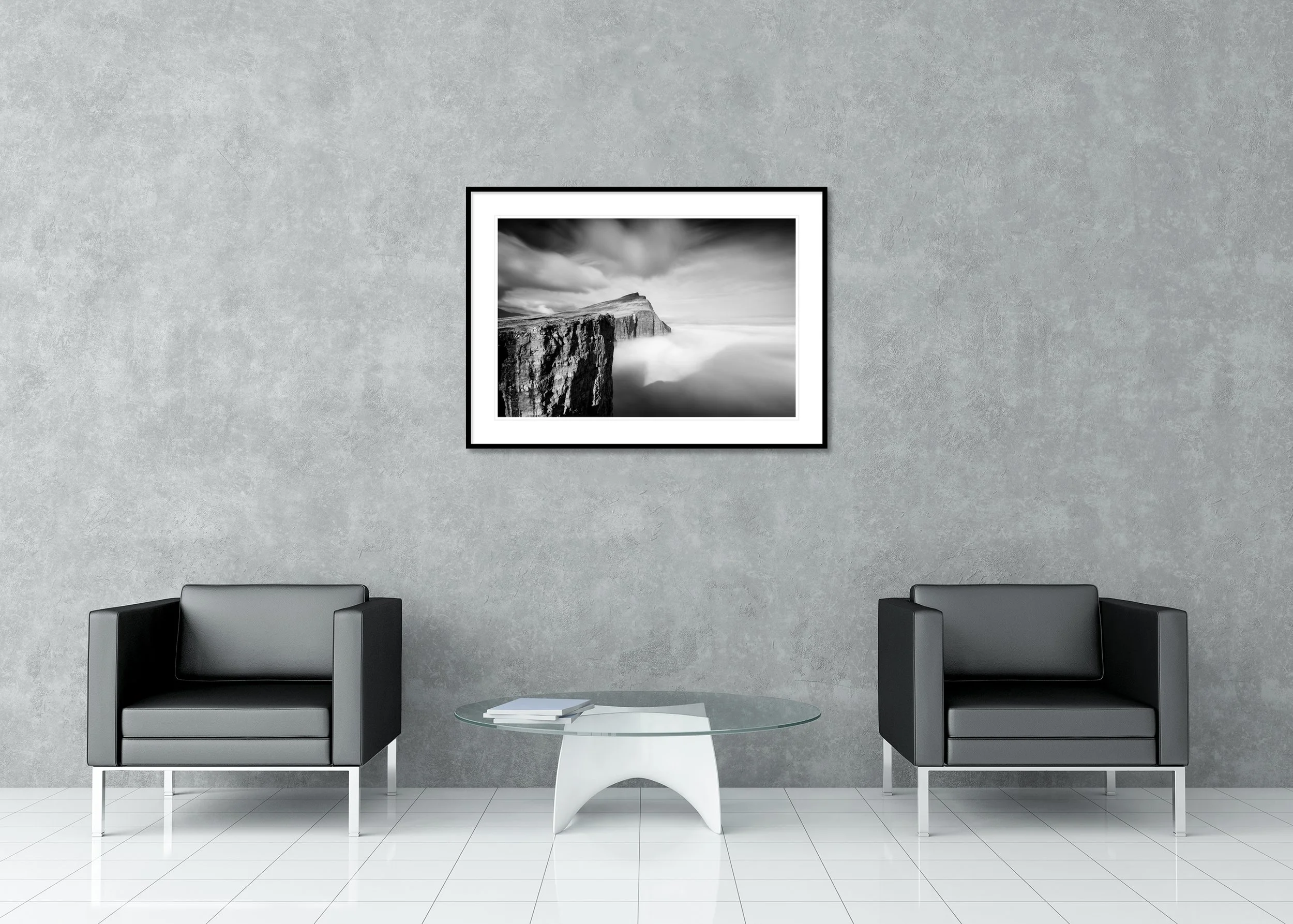 Foggy Slave Cliff, Study 1 – archival pigment print in a black aluminium frame with a white mount in a modern lounge.