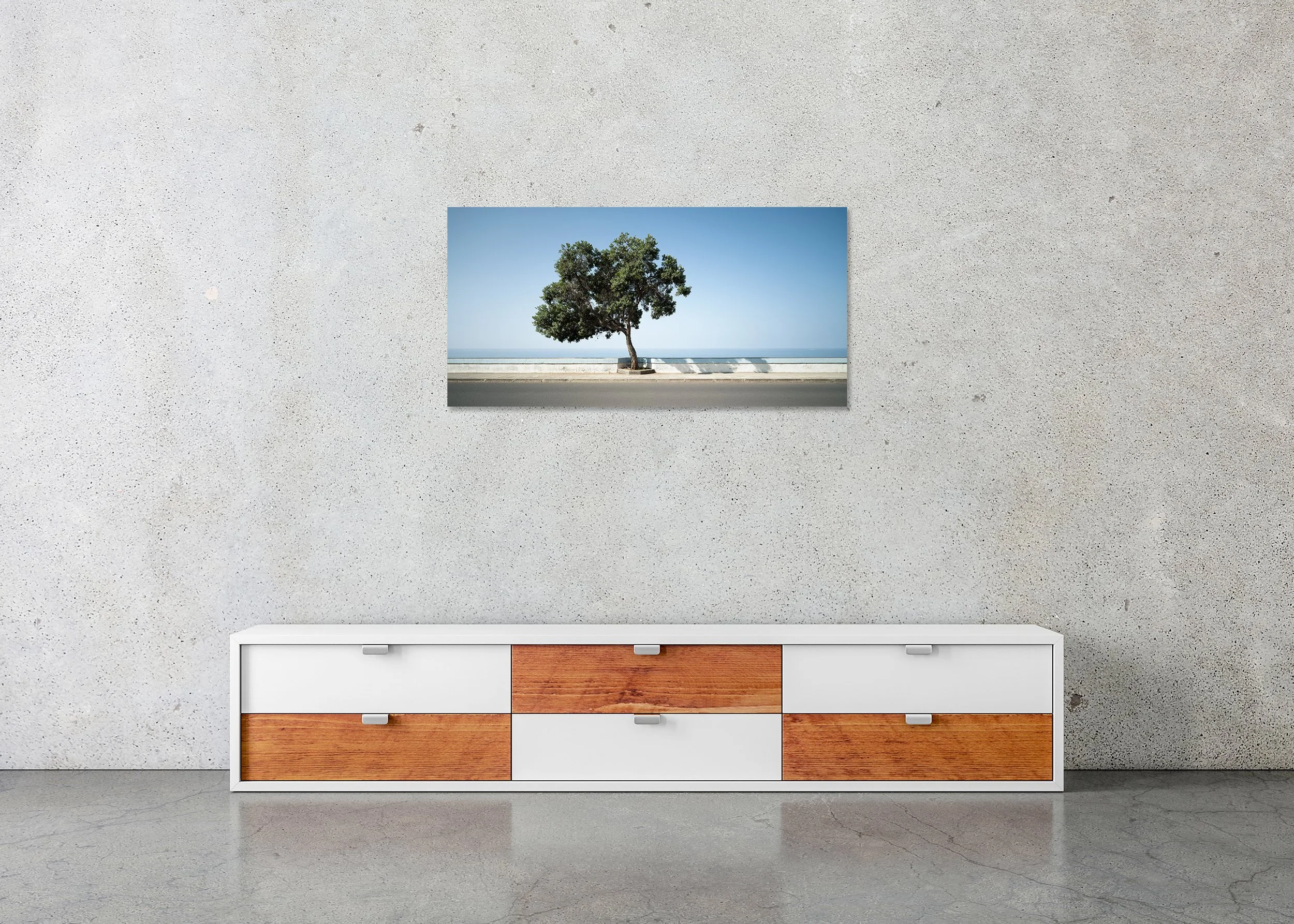 Tree by the Calm Sea, Panorama Study 2 – frameless colour photograph on aluminium Dibond displayed in a minimalist interior.