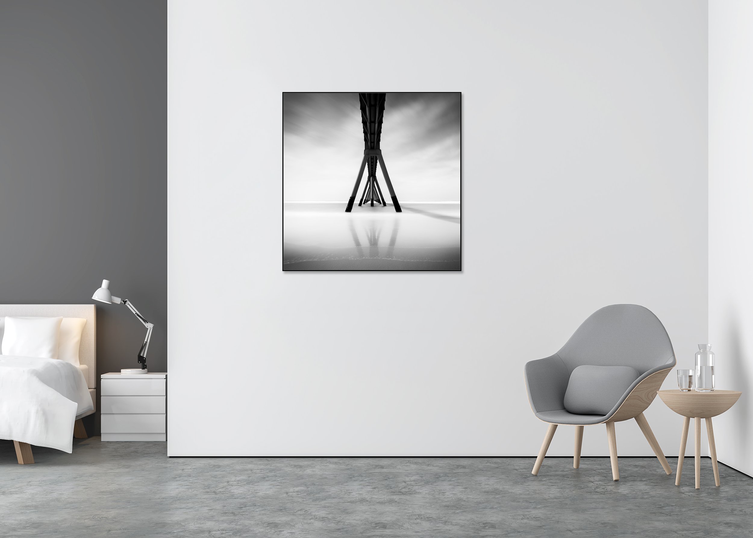 Wharf de la Salie Study 1 by Gerald Berghammer, black-and-white fine art photograph in a black aluminium ArtBox frame displayed in a modern interior.