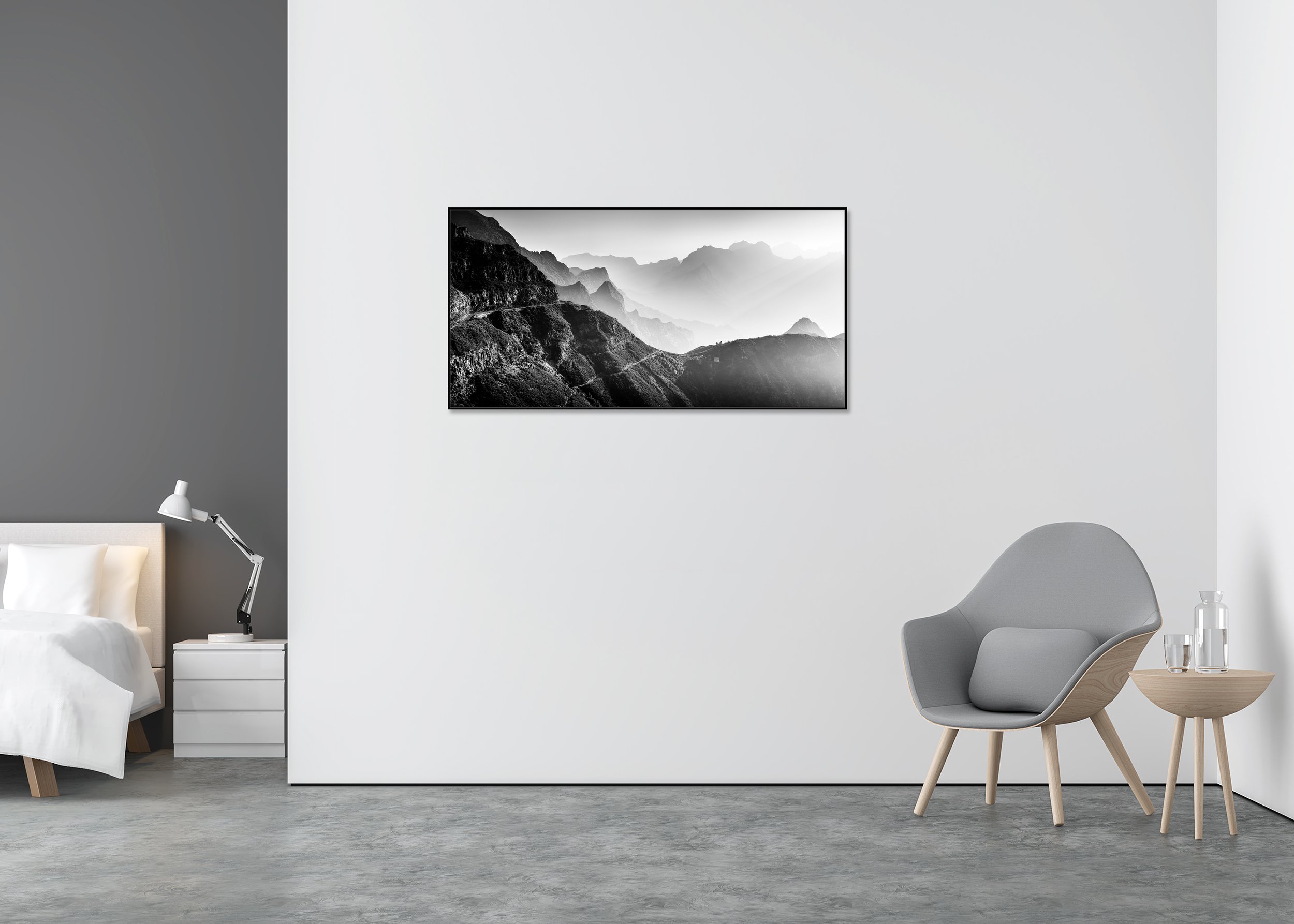 Morning Light in the Mountains Study 1 displayed in a modern interior, mounted on aluminium Dibond in a black ArtBox frame by Gerald Berghammer.