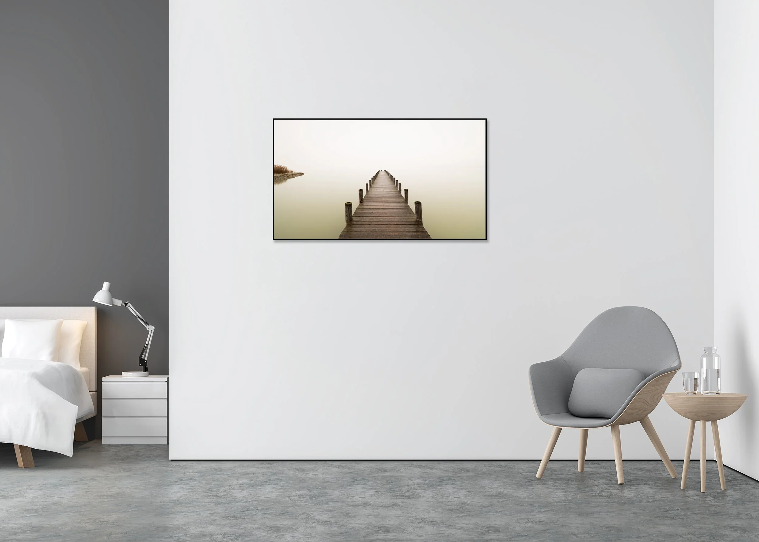 Silent Lake, Panorama Study 1 – ChromaLuxe print in a black aluminium ArtBox in a minimalist bedroom.
