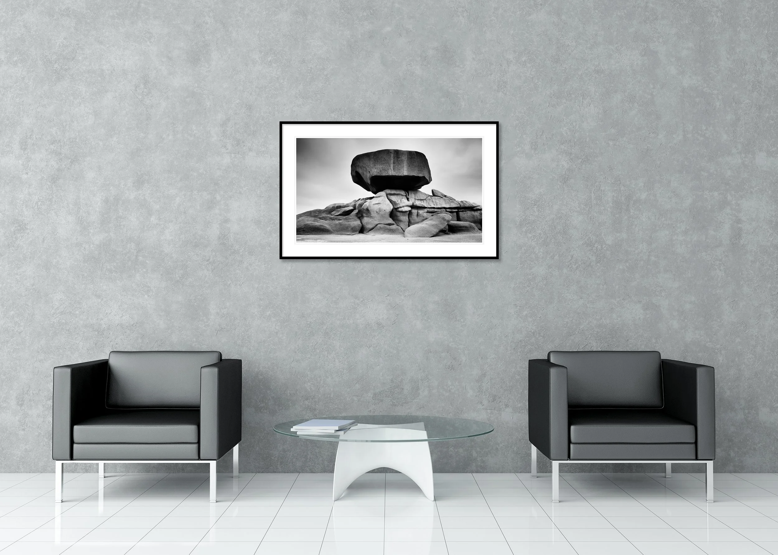 Pink Granite Coast Panorama Study 2 by Gerald Berghammer, black-and-white fine art print in a classic frame with white mount displayed in a contemporary interior.