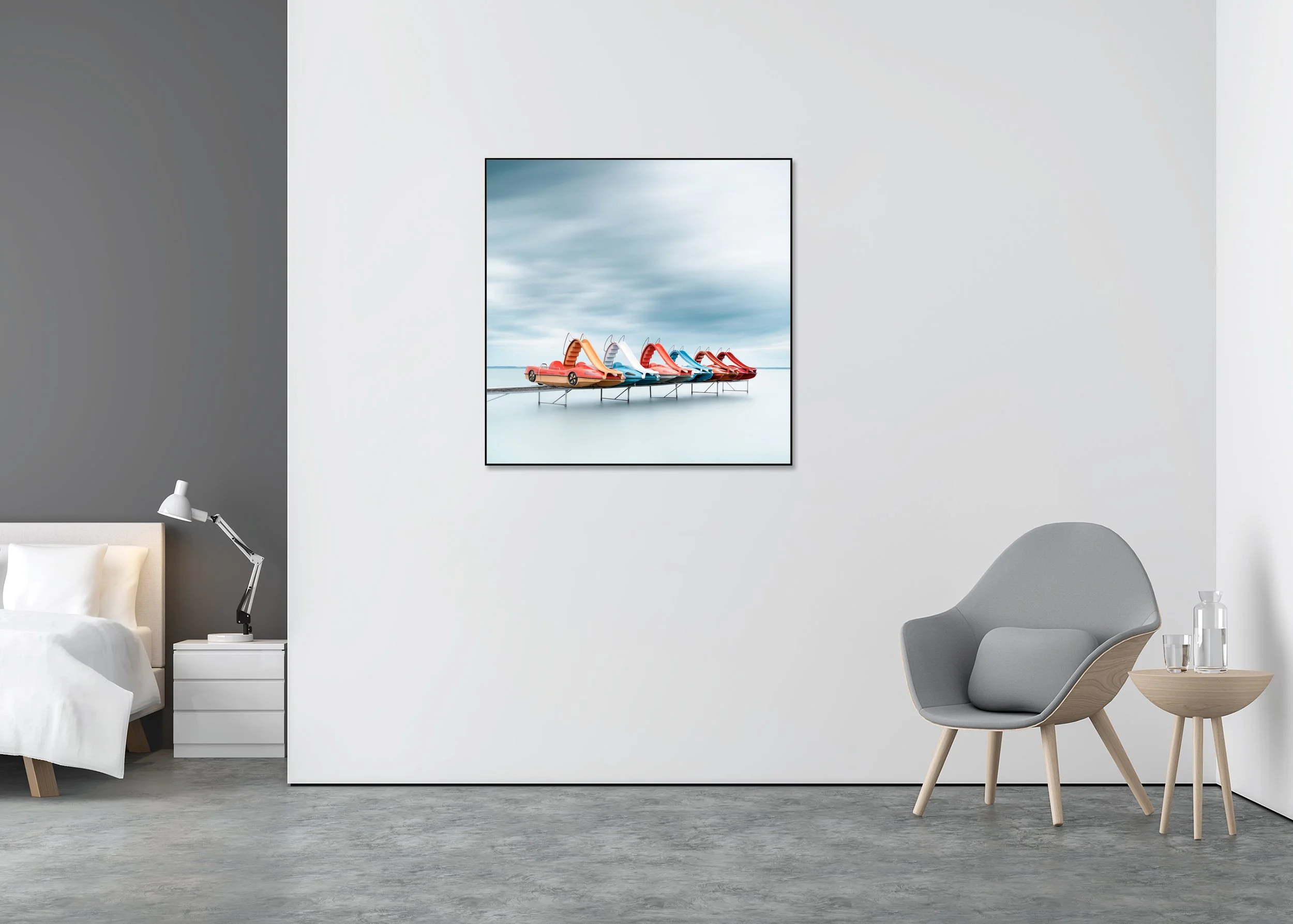 Gerald Berghammer - Row of colorful Pedal Boats, waterscape, Balaton, Hungary, ChromaLuxe print, aluminium art box
