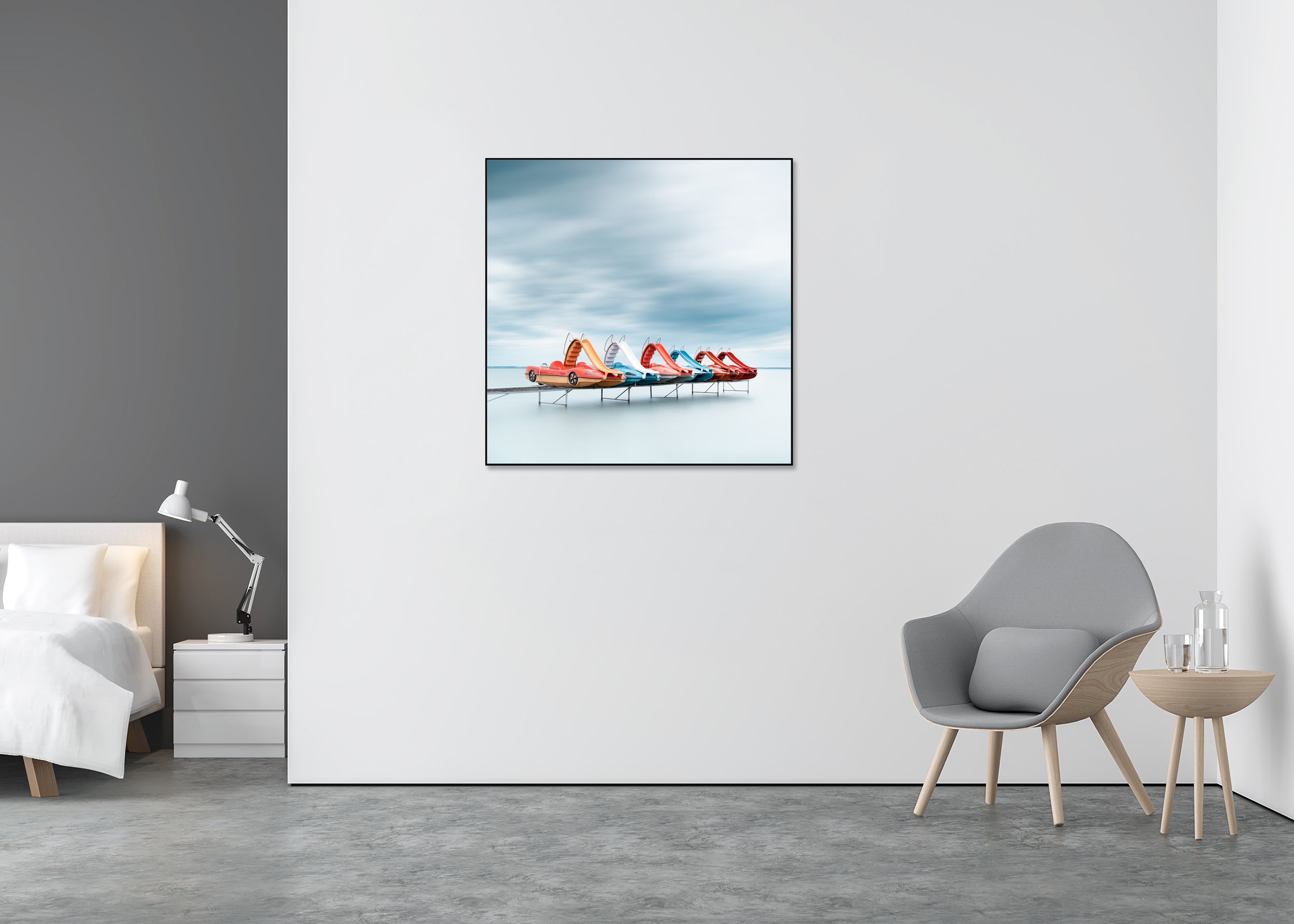 Row of Colourful Pedal Boats – Lake Balaton, colour Dibond print in a black aluminium ArtBox displayed in a minimalist bedroom.