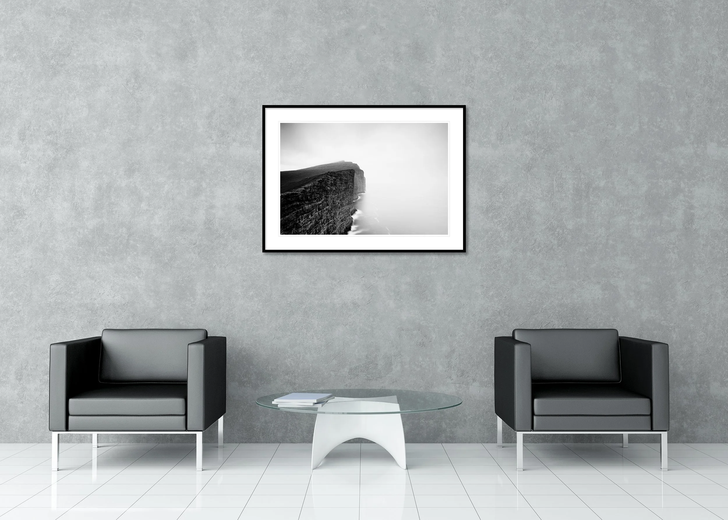 Foggy Slave Cliff Study 2 – Faroe Islands, black-and-white archival pigment print in a classic frame with a mount and anti-reflective glass
