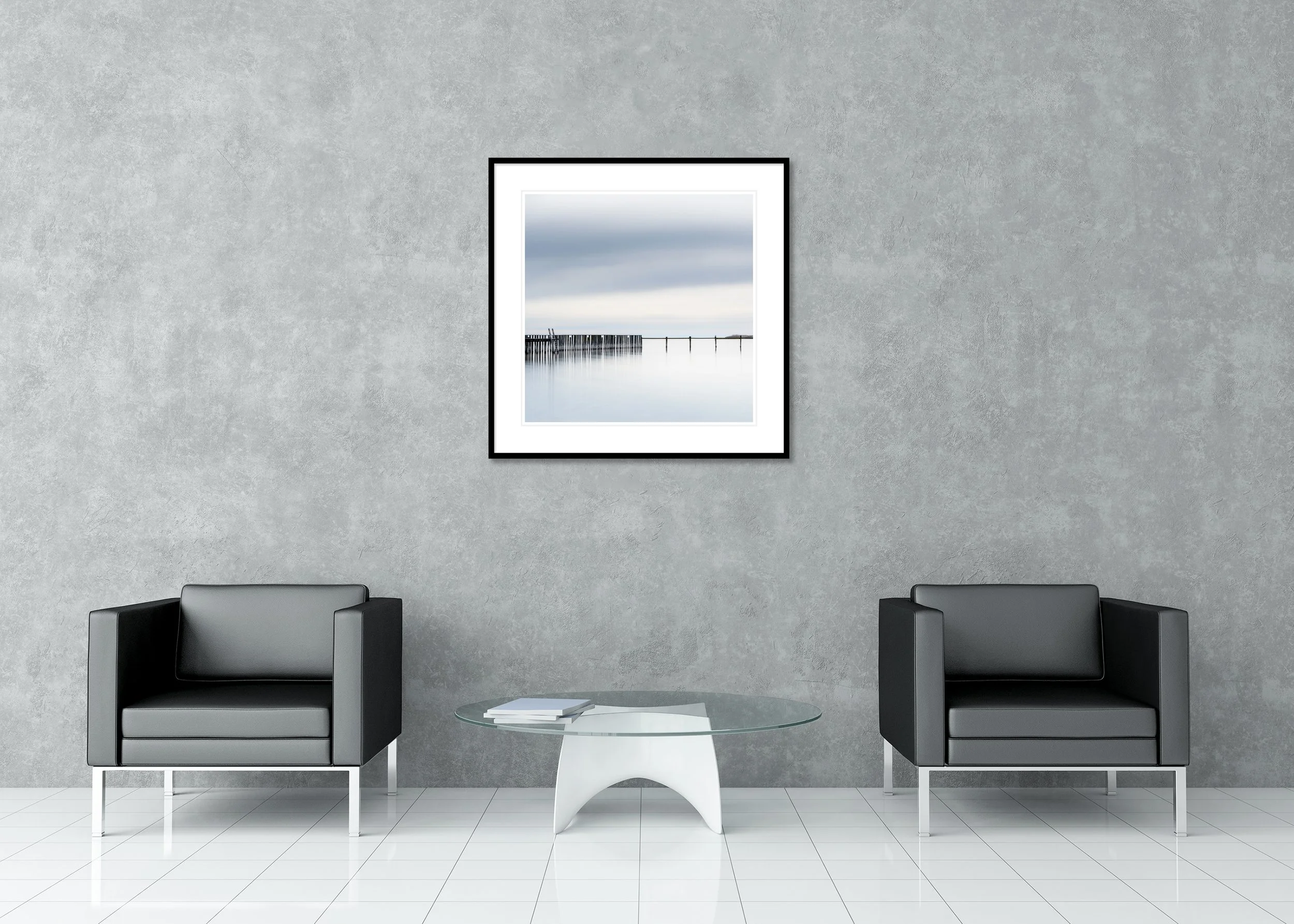Swimming Area, Colour Study 1 – archival pigment print in an aluminium frame with a white mount displayed in a modern interior. Photo by Gerald Berghammer.