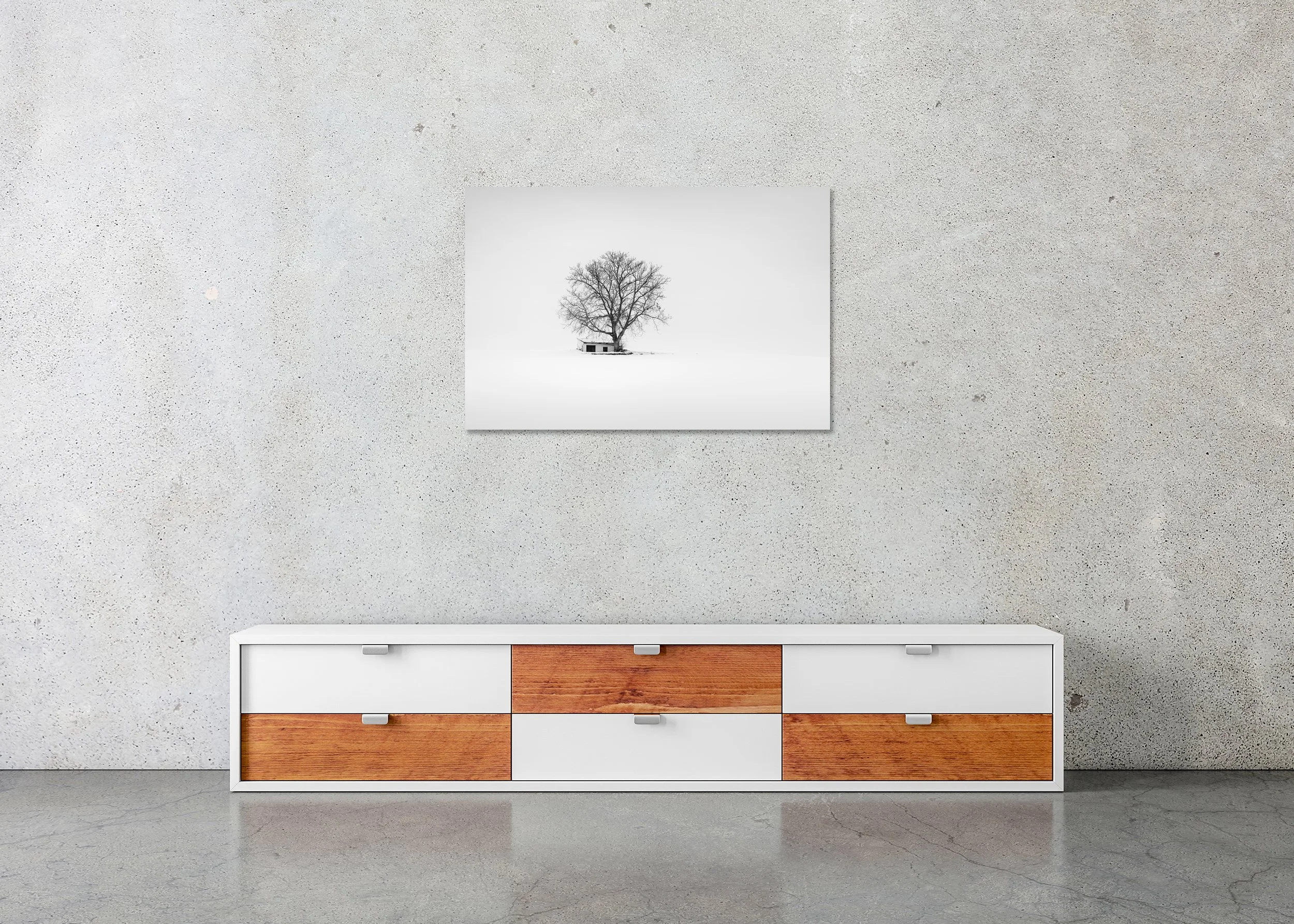 Wine Press House Winter Study 2 displayed in a modern interior as a frameless black-and-white aluminium Dibond print by Gerald Berghammer.