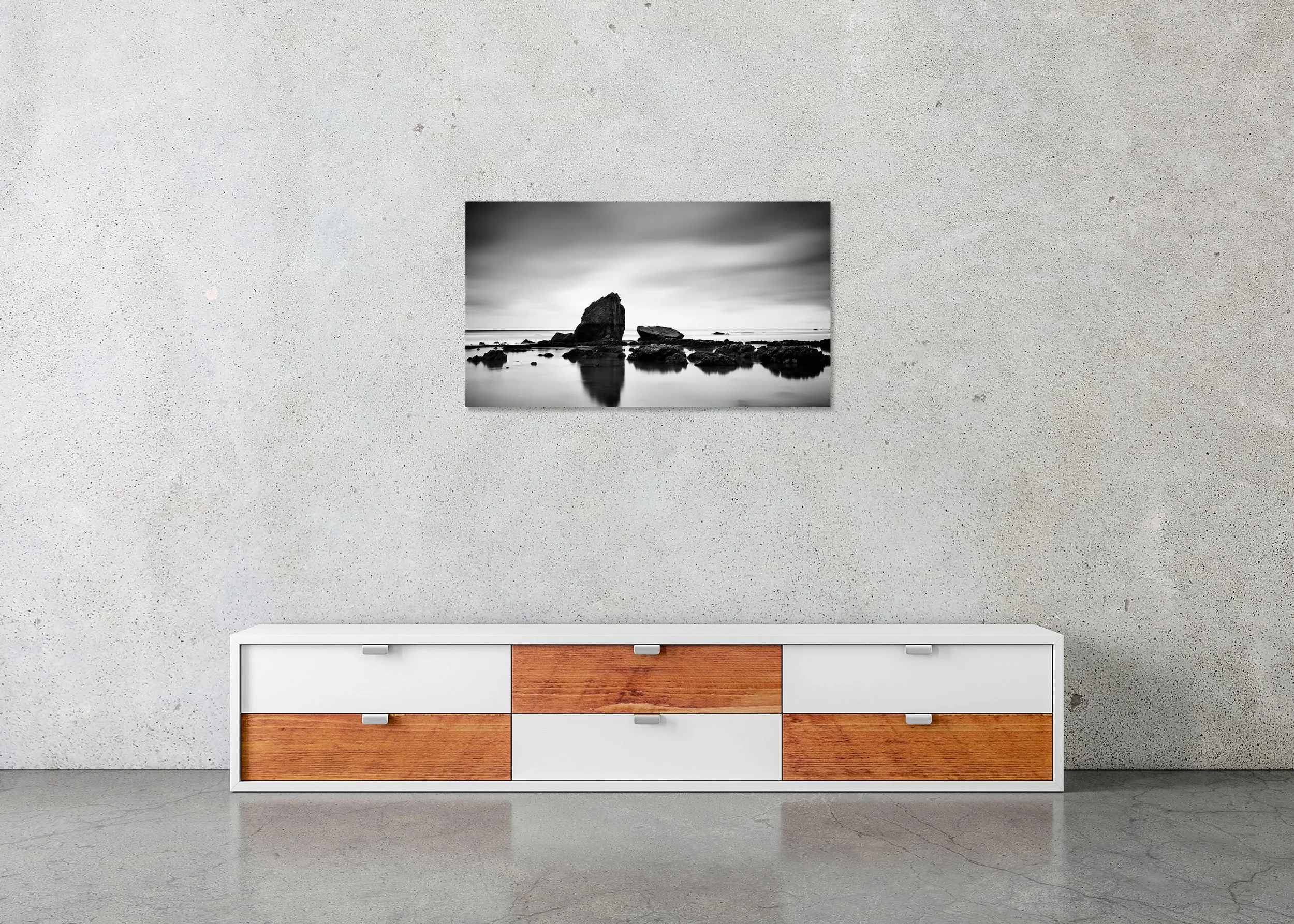 Gerald Berghammer - Beach Rock Panorama, minimalist shoreline seacape, France, ChromaLuxe print on aluminium, frameless