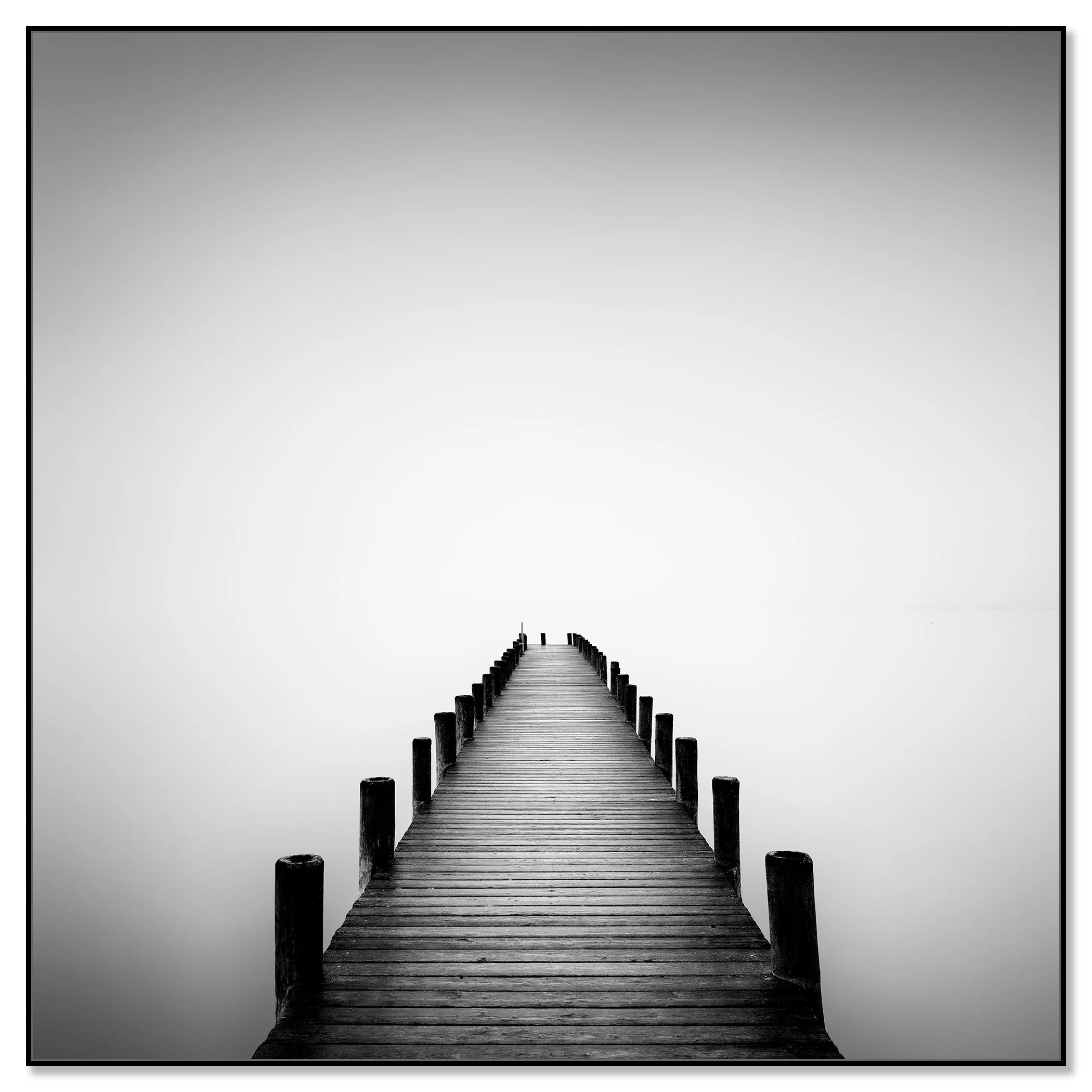 Pier on Misty Lake Study 1 – Austria, black-and-white photograph in a black aluminium ArtBox frame