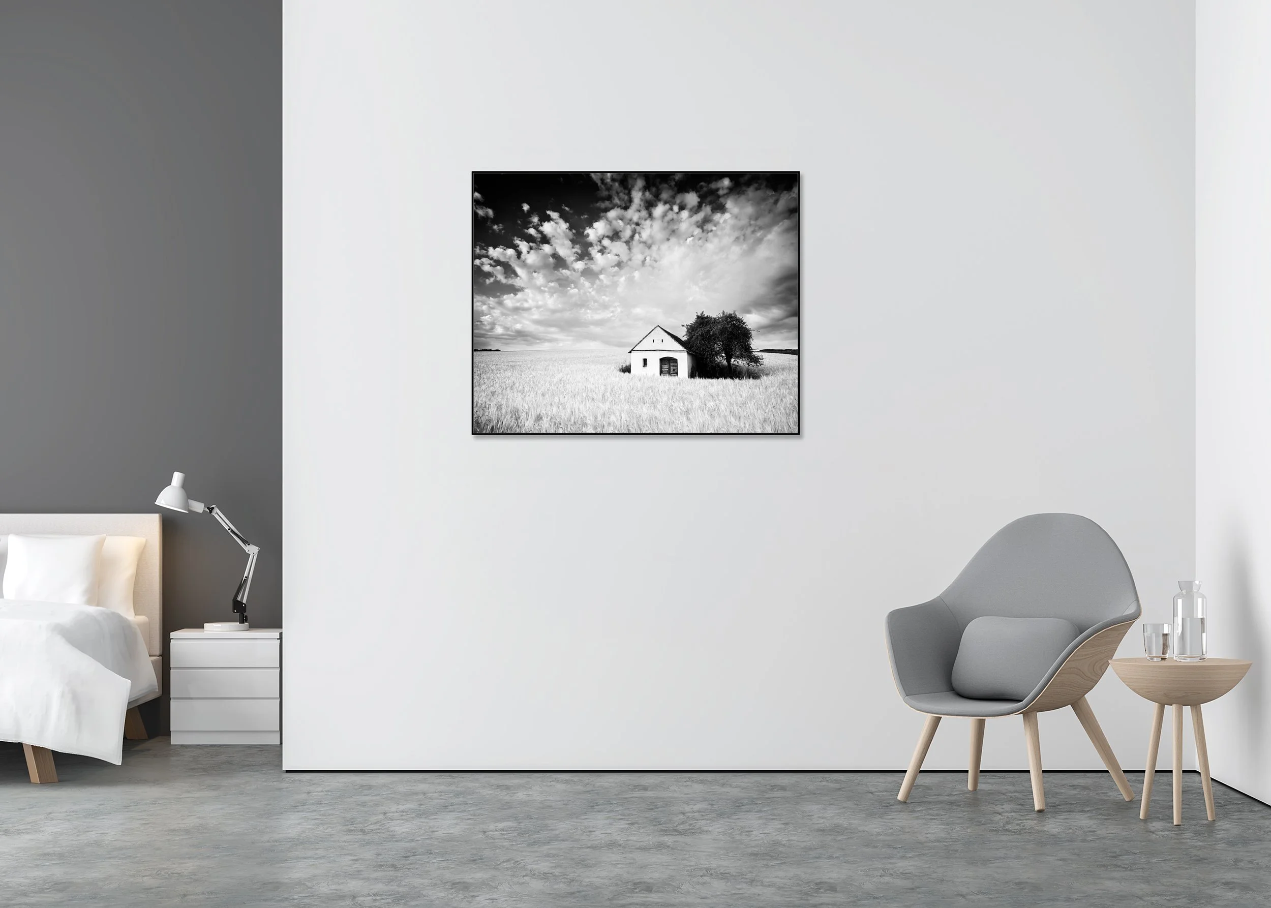 Wine Press House, Study 3 – black-and-white photograph in a black aluminium ArtBox displayed in a minimalist bedroom. Photo by Gerald Berghammer.