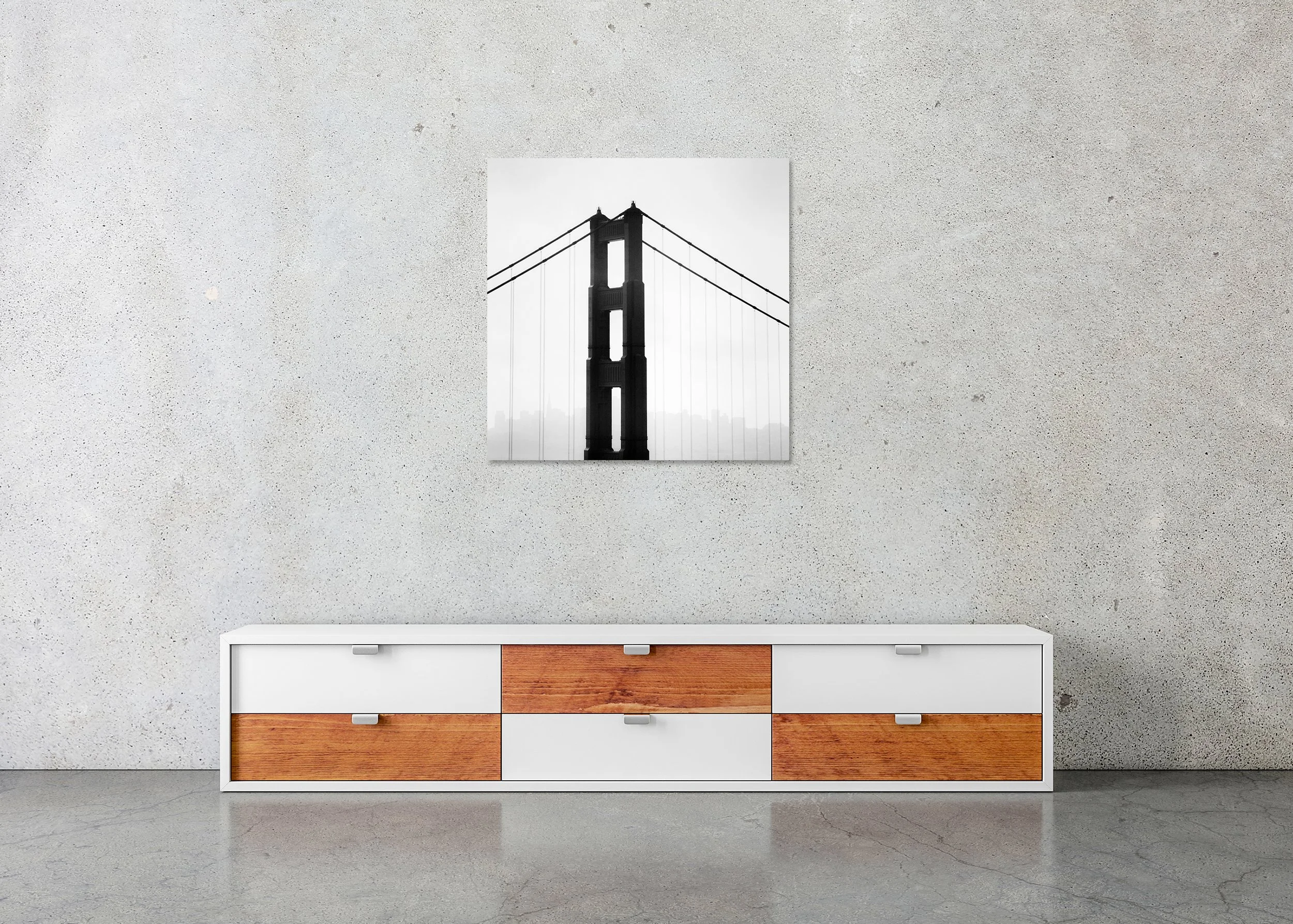 Golden Gate Study 18 displayed in a modern interior as a frameless black-and-white aluminium Dibond print by Gerald Berghammer.