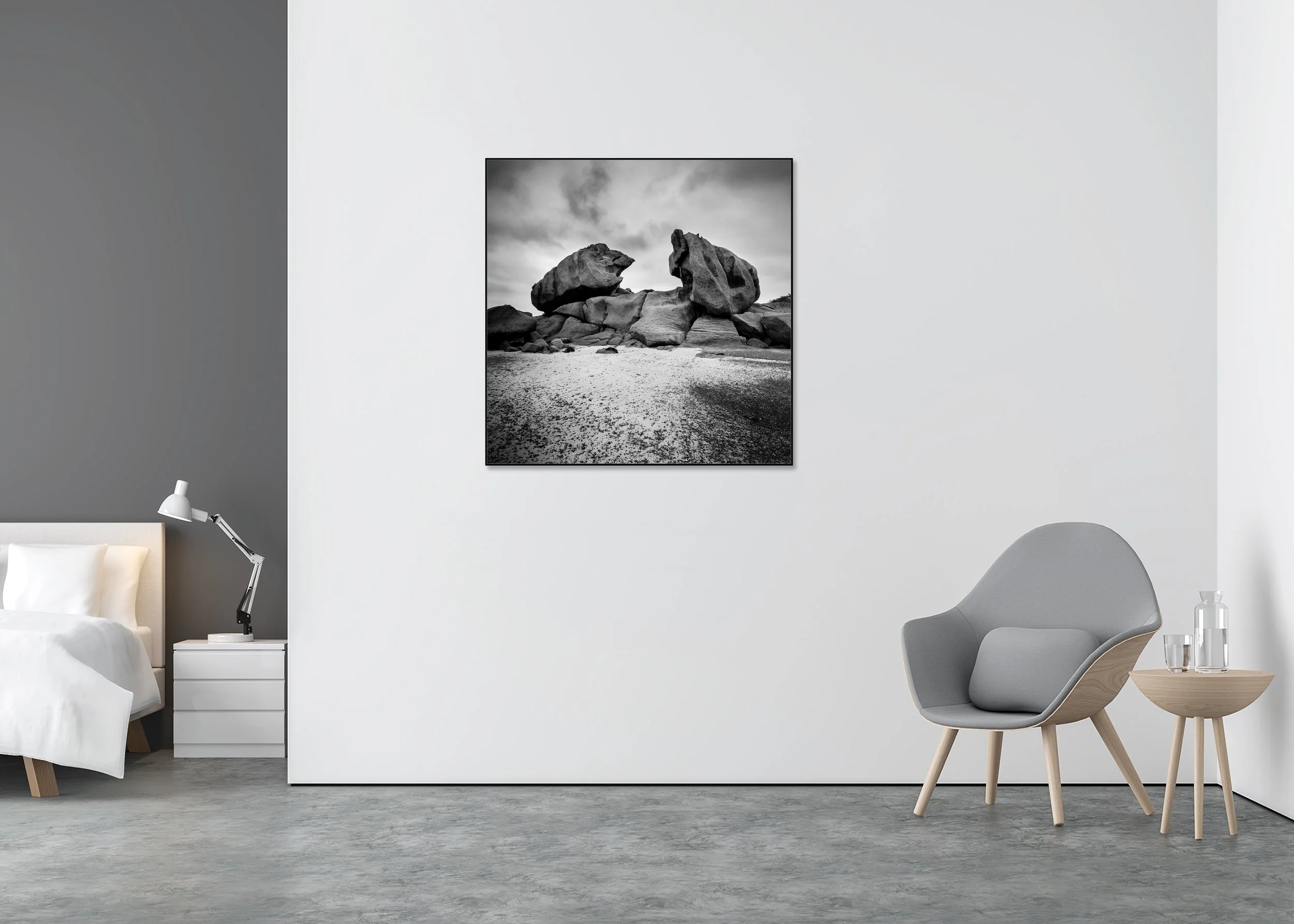 Monochrome coastal landscape with giant granite rocks and sandy beach on a rugged granite coast, photo print mounted to Dibond in an aluminium ArtBox