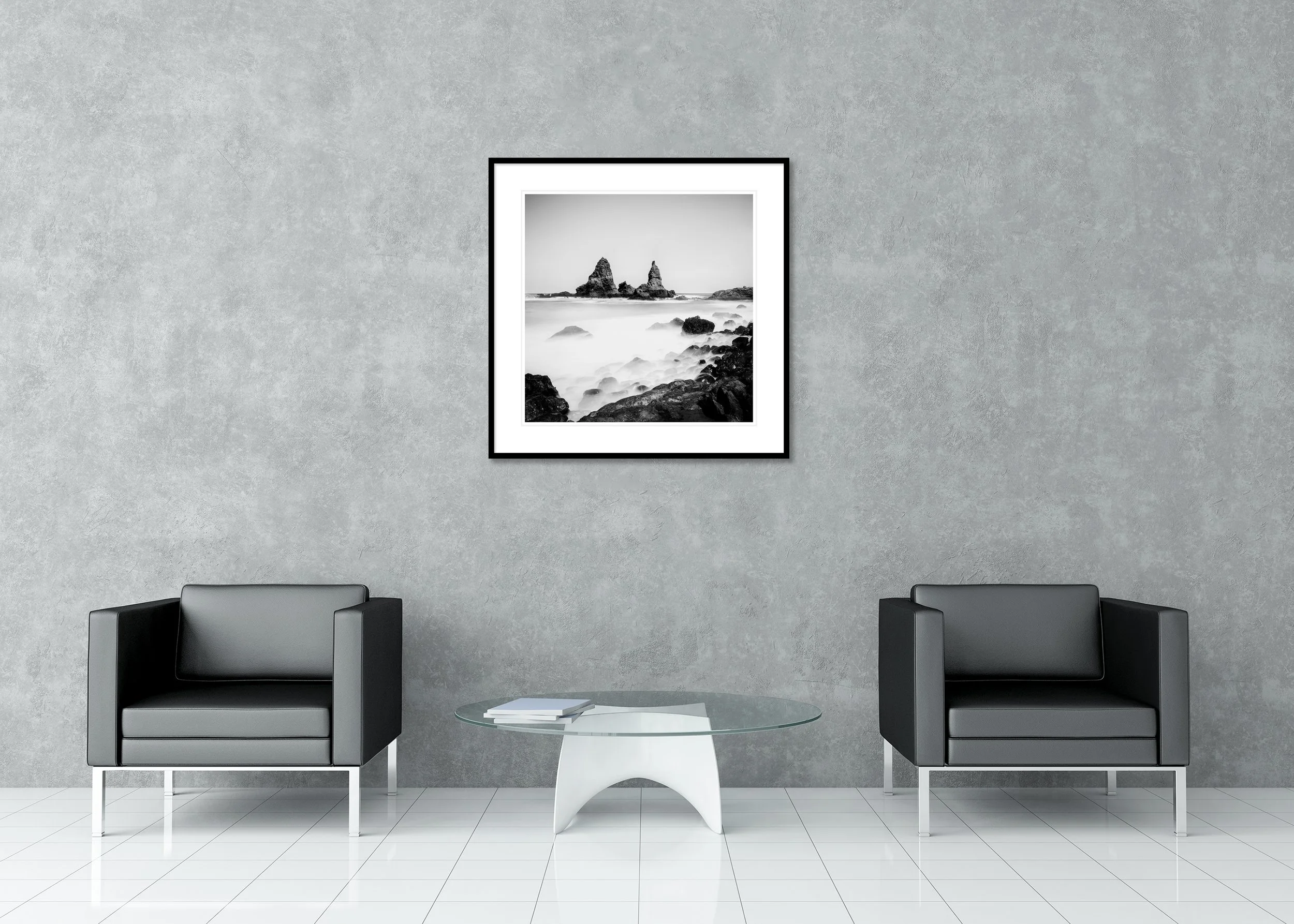 Roques de Arguamul Rocks Study 1 displayed in a modern interior as an archival pigment print in a black aluminium frame with white mount by Gerald Berghammer.