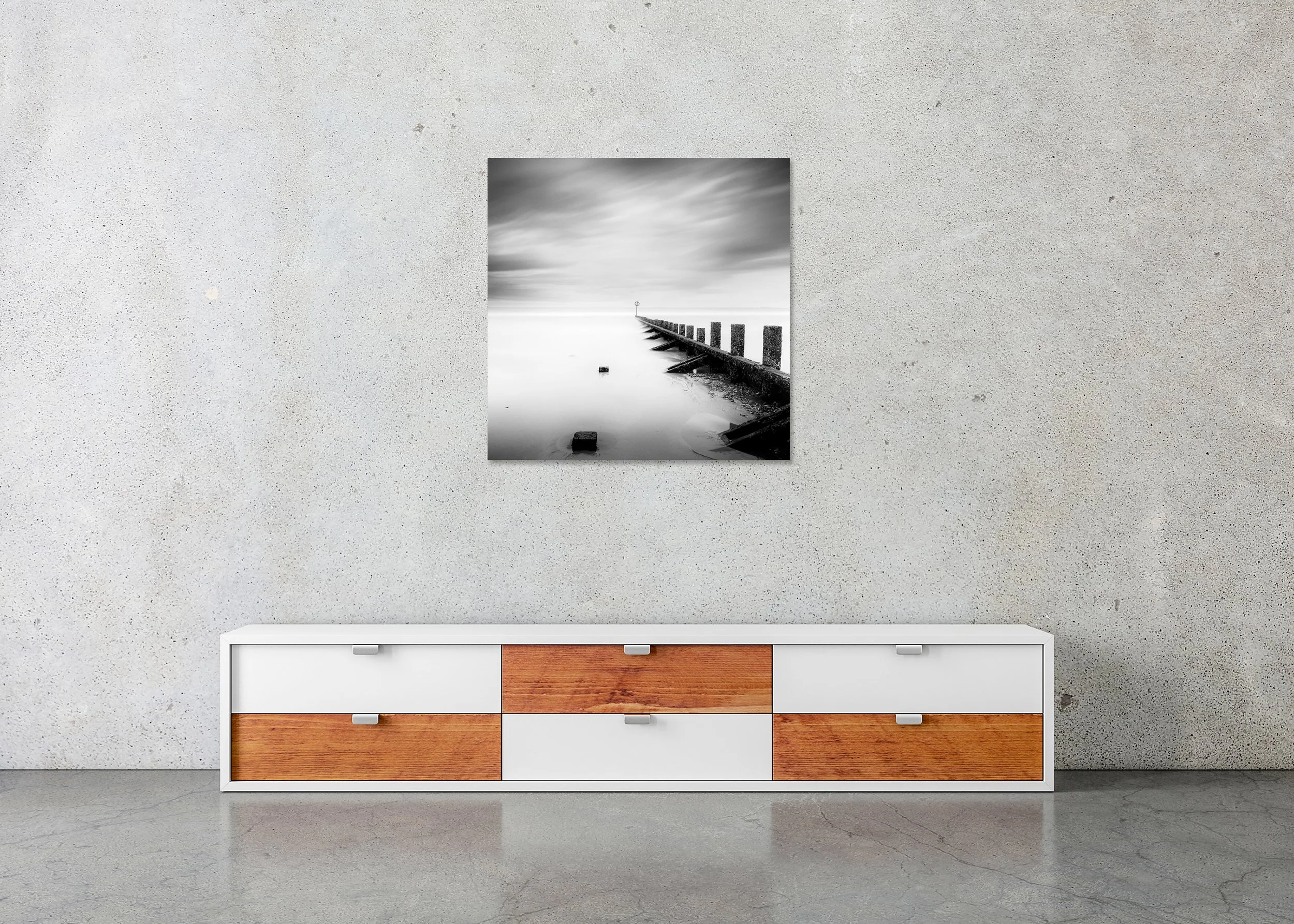 Gerald Berghammer - Pointing the Way, beach landscape, wave breaker, Scotland, ChromaLuxe print on aluminium, frameless