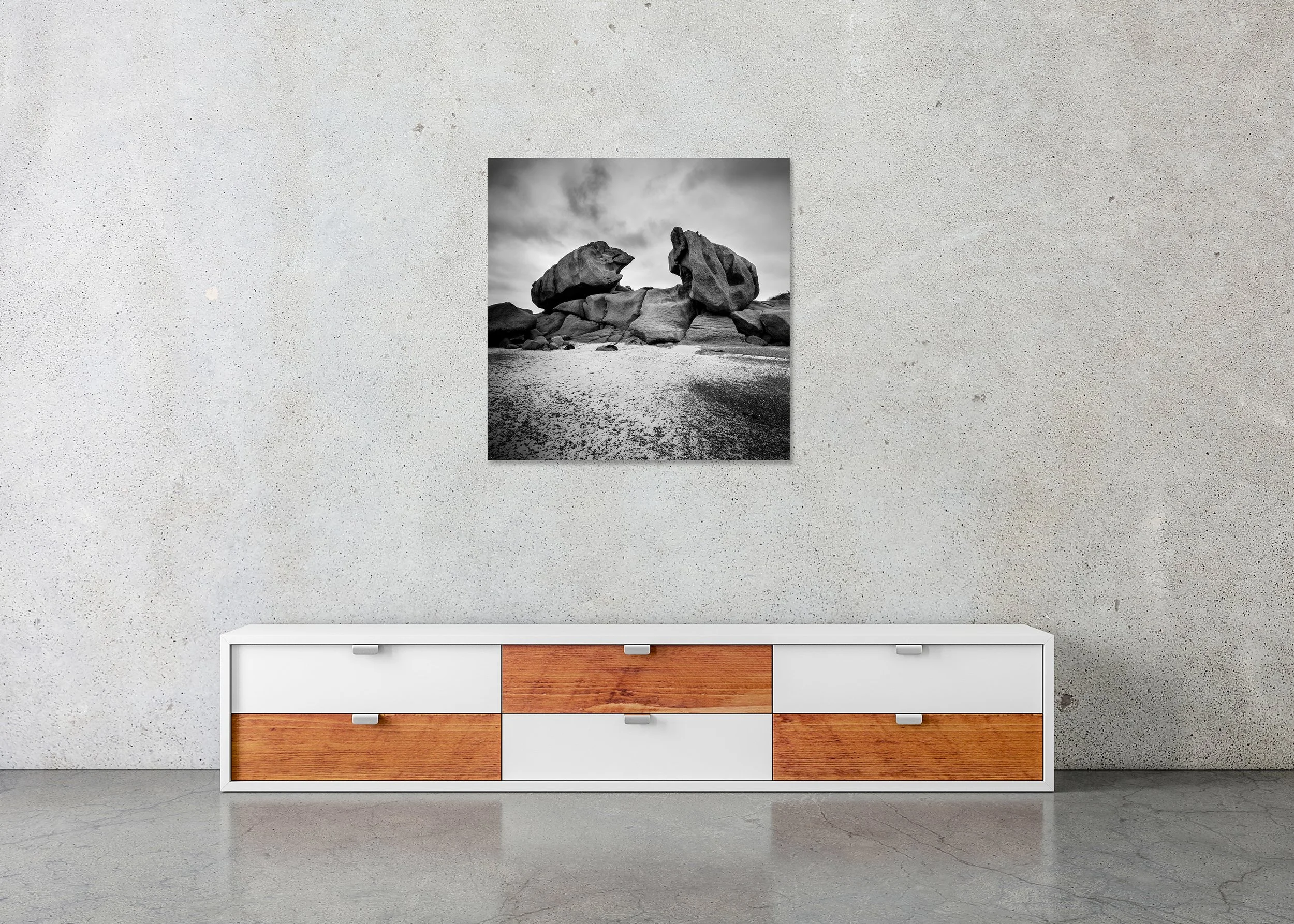 Monochrome coastal landscape with giant granite rocks and sandy beach on a rugged granite coast, photo print mounted to Dibond, frameless